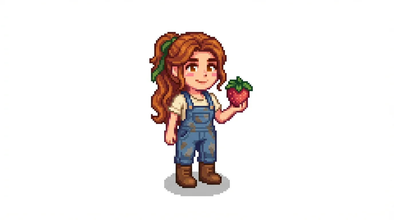 A full-body pixel art sprite of a female farmer in the Stardew Valley style, smiling and holding a strawberry against a plain white background.