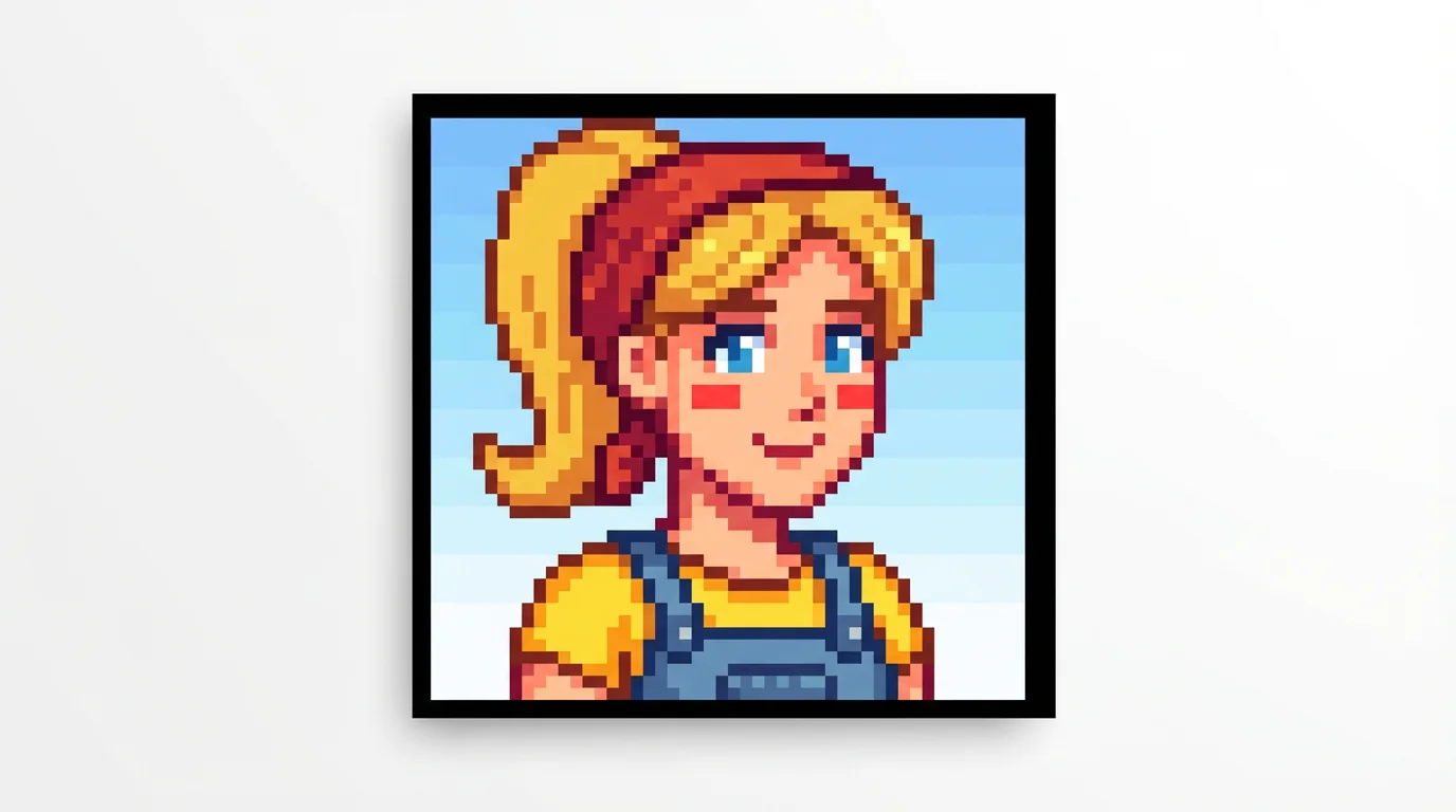 A pixel art portrait of a Stardew Valley-style character. It shows a smiling young woman with blonde hair in a ponytail, wearing overalls, set against a blue pixelated background. The entire image is on a white background.