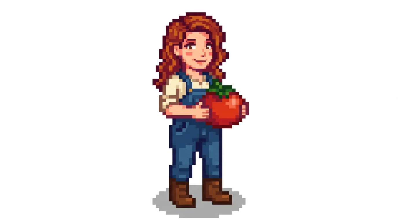 A pixel art illustration of a custom female farmer character designed in the style of the game Stardew Valley, holding a large tomato against a plain white background.