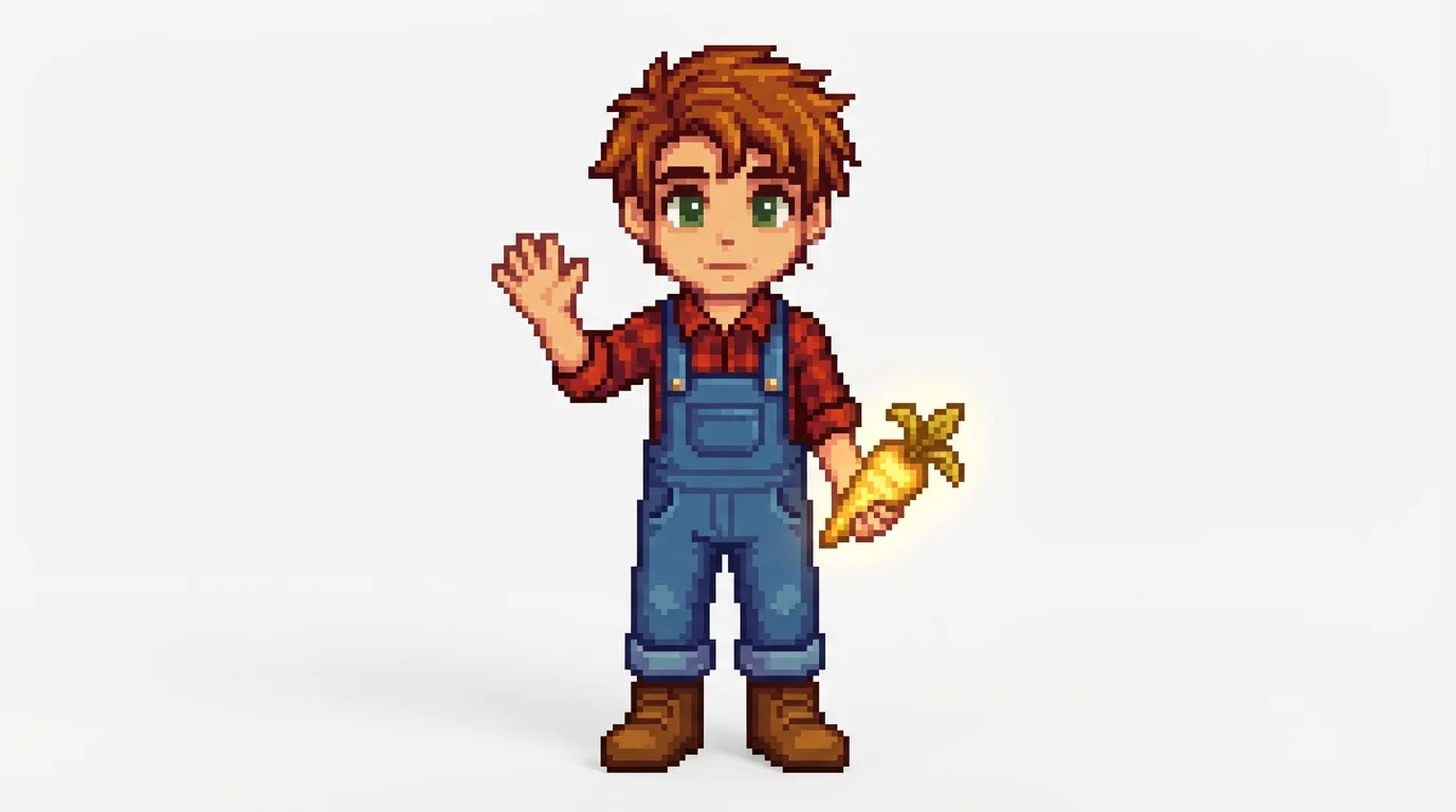 A custom-generated Stardew Valley character in pixel art style, showing a male farmer in overalls holding a parsnip against a white background.