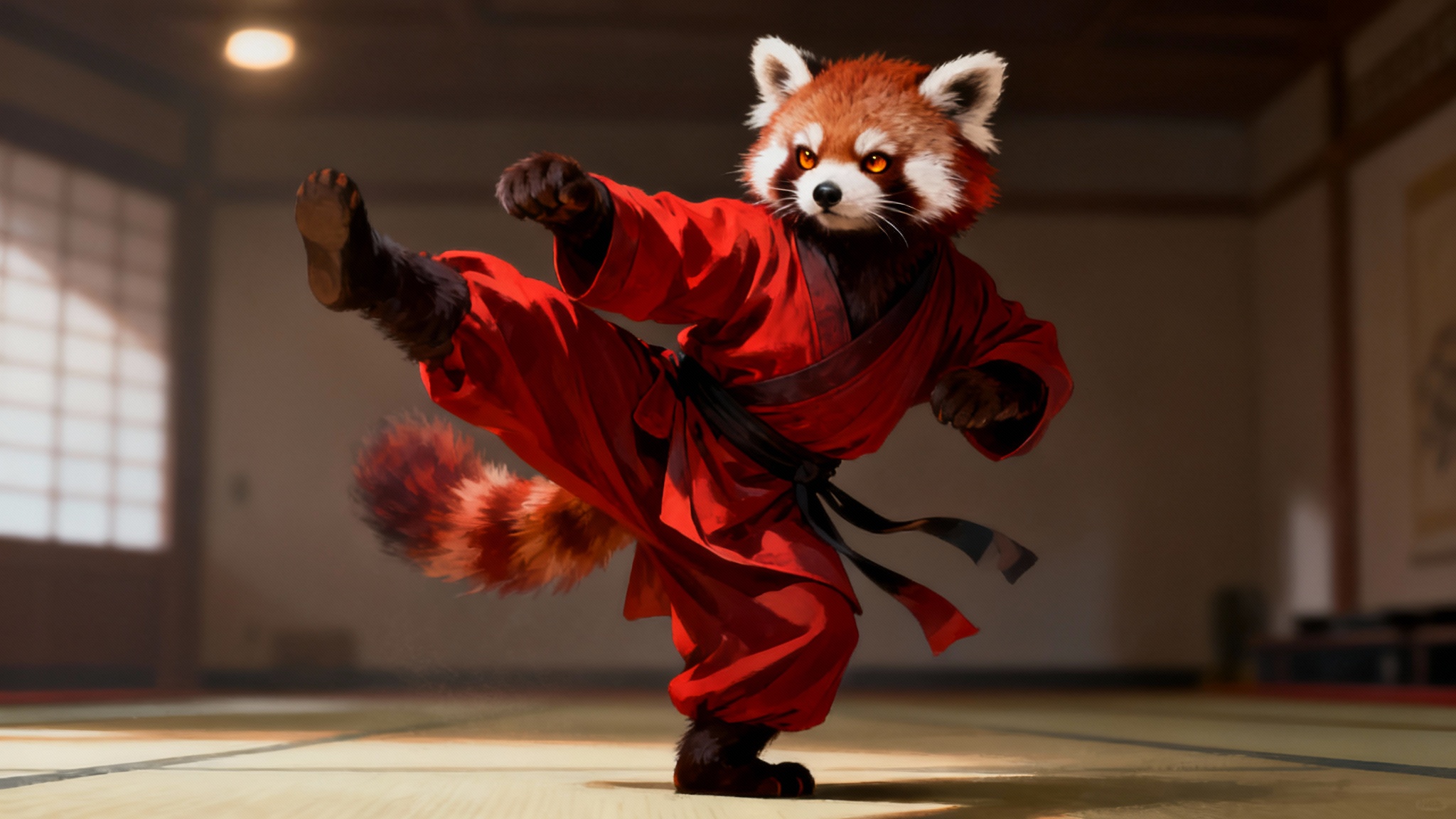 A polished digital illustration showing the final result of using a furry pose reference: a red panda character in a dynamic martial arts pose, showcasing perfect anatomy and balance, against a softly lit dojo background.