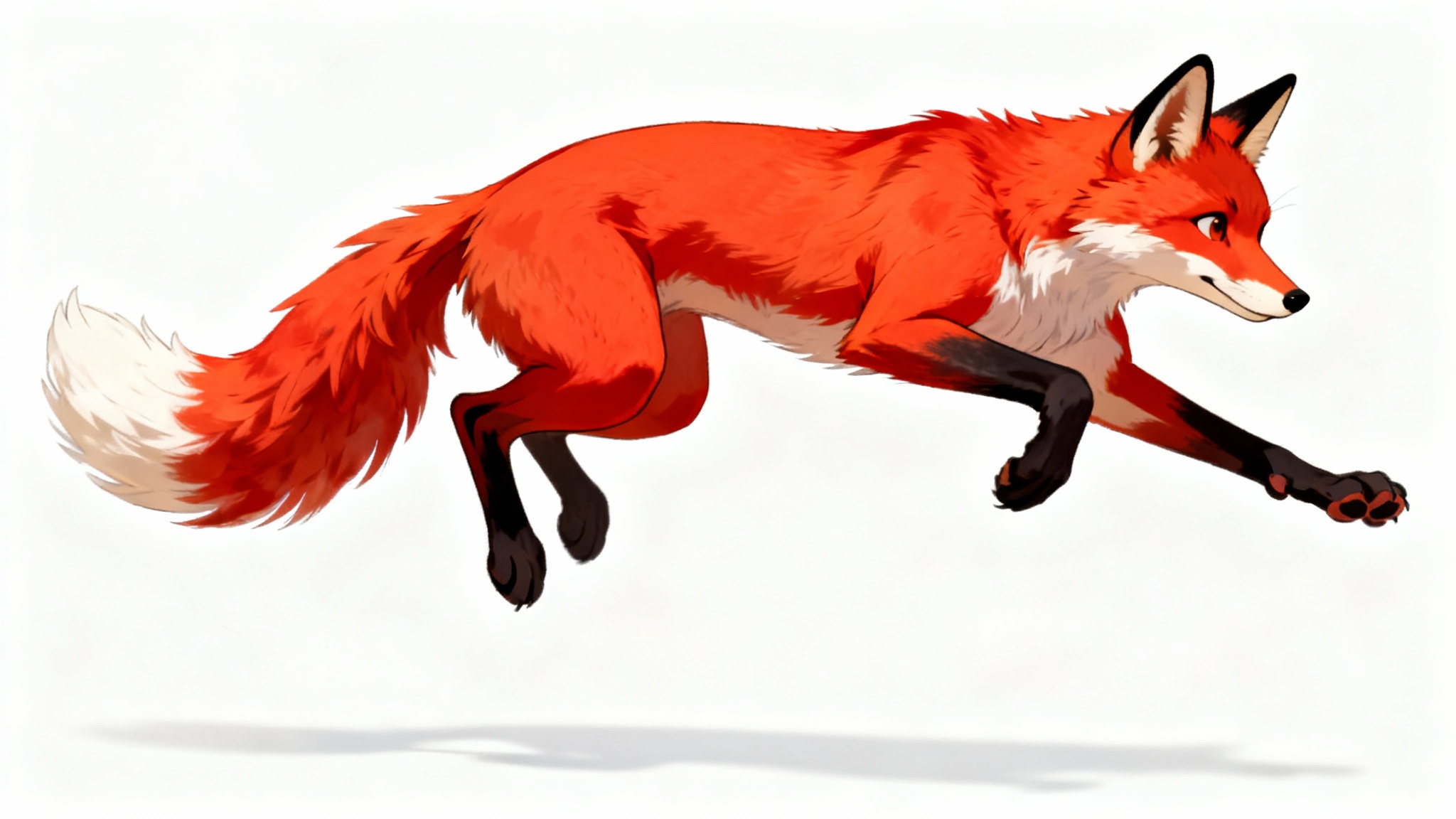An anthropomorphic red fox character in a dynamic leaping pose, presented as an artist's reference on a clean white background.