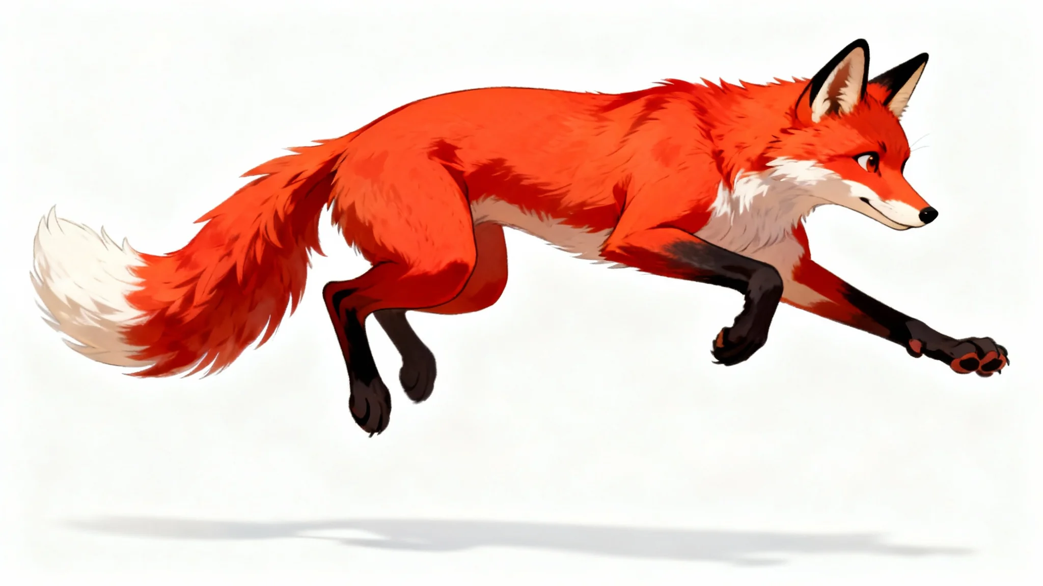 An anthropomorphic red fox character in a dynamic leaping pose, presented as an artist's reference on a clean white background.