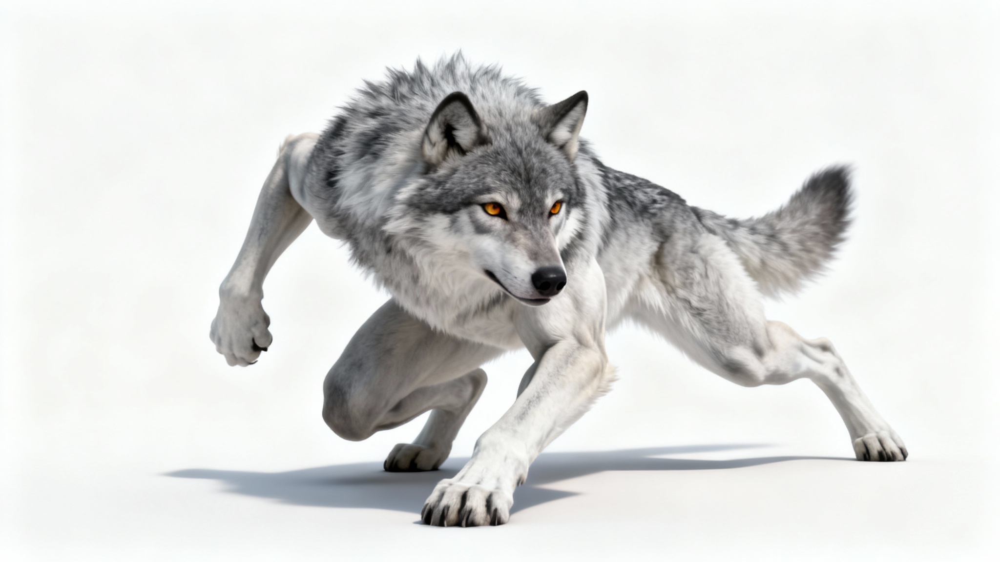 A digital illustration of an anthropomorphic wolf character in a dynamic crouching pose, designed as an artist's reference, set against a solid white background.