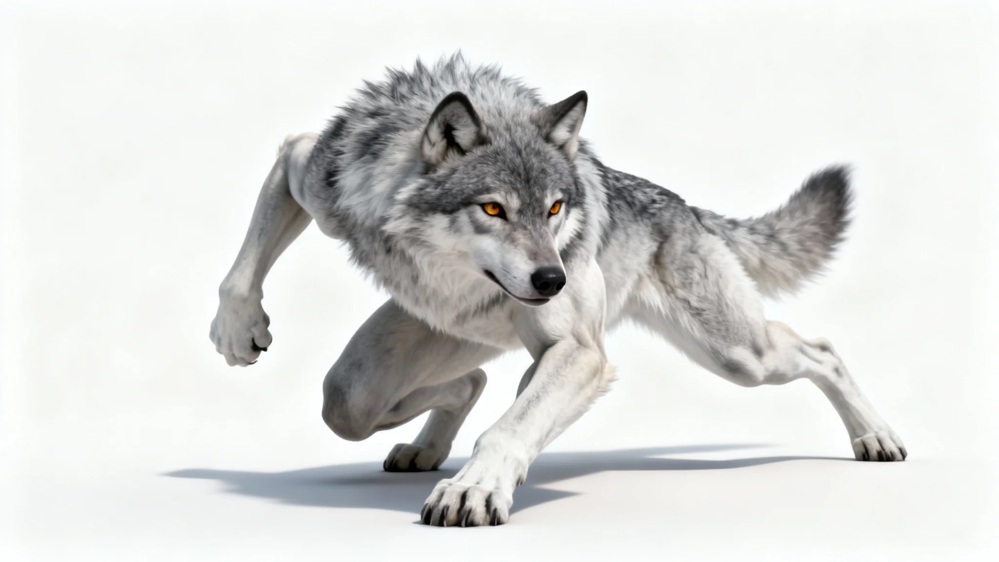 A digital illustration of an anthropomorphic wolf character in a dynamic crouching pose, designed as an artist's reference, set against a solid white background.