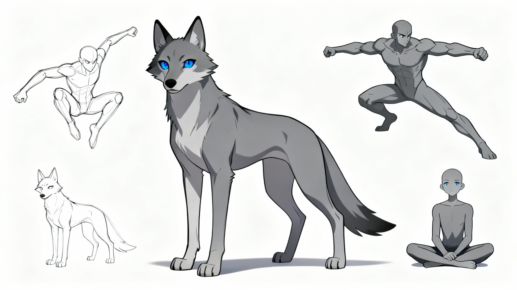 An artist's reference sheet for a furry character, showing an anthropomorphic gray wolf in several different dynamic and static poses against a clean white background.