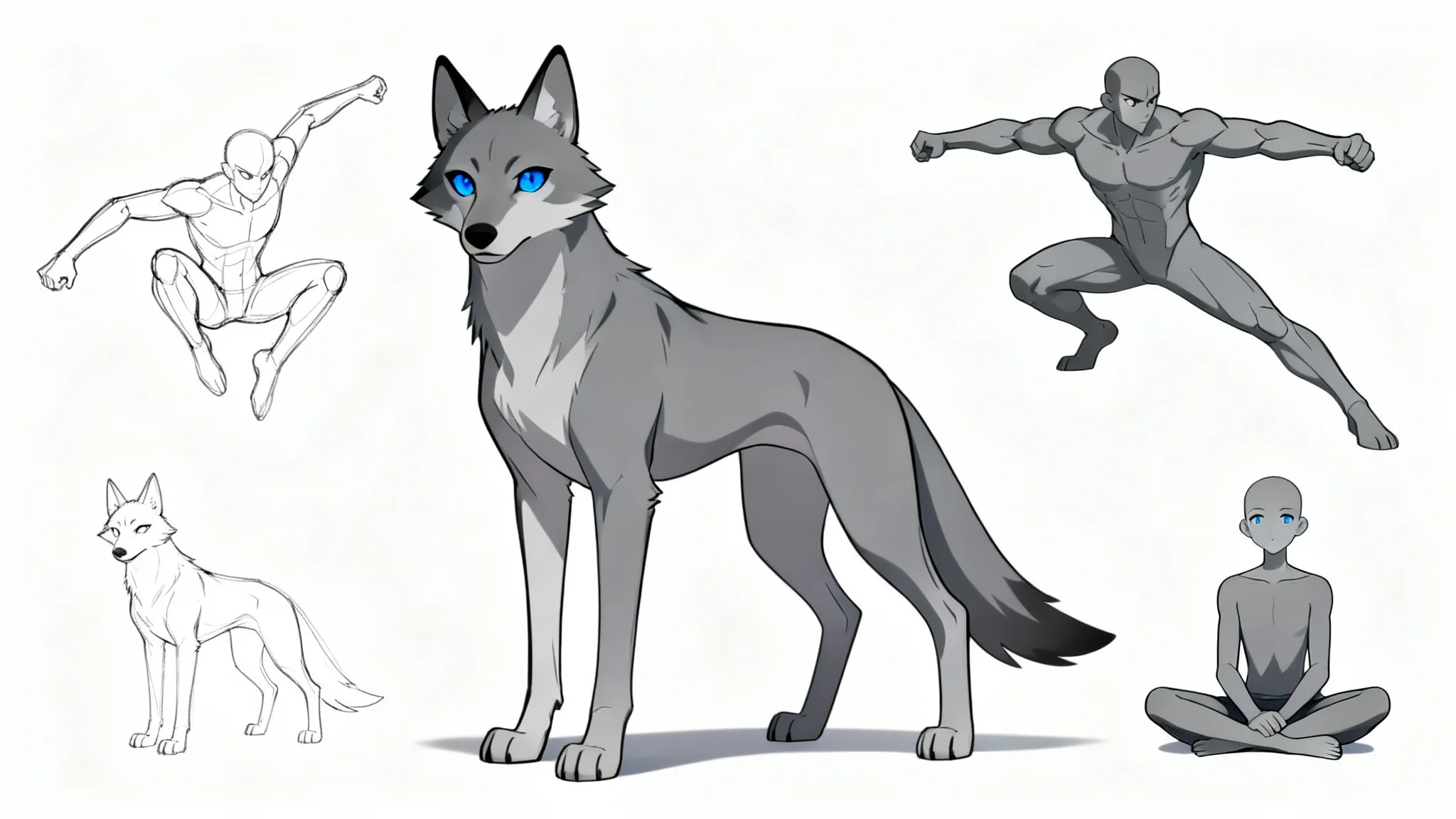 An artist's reference sheet for a furry character, showing an anthropomorphic gray wolf in several different dynamic and static poses against a clean white background.