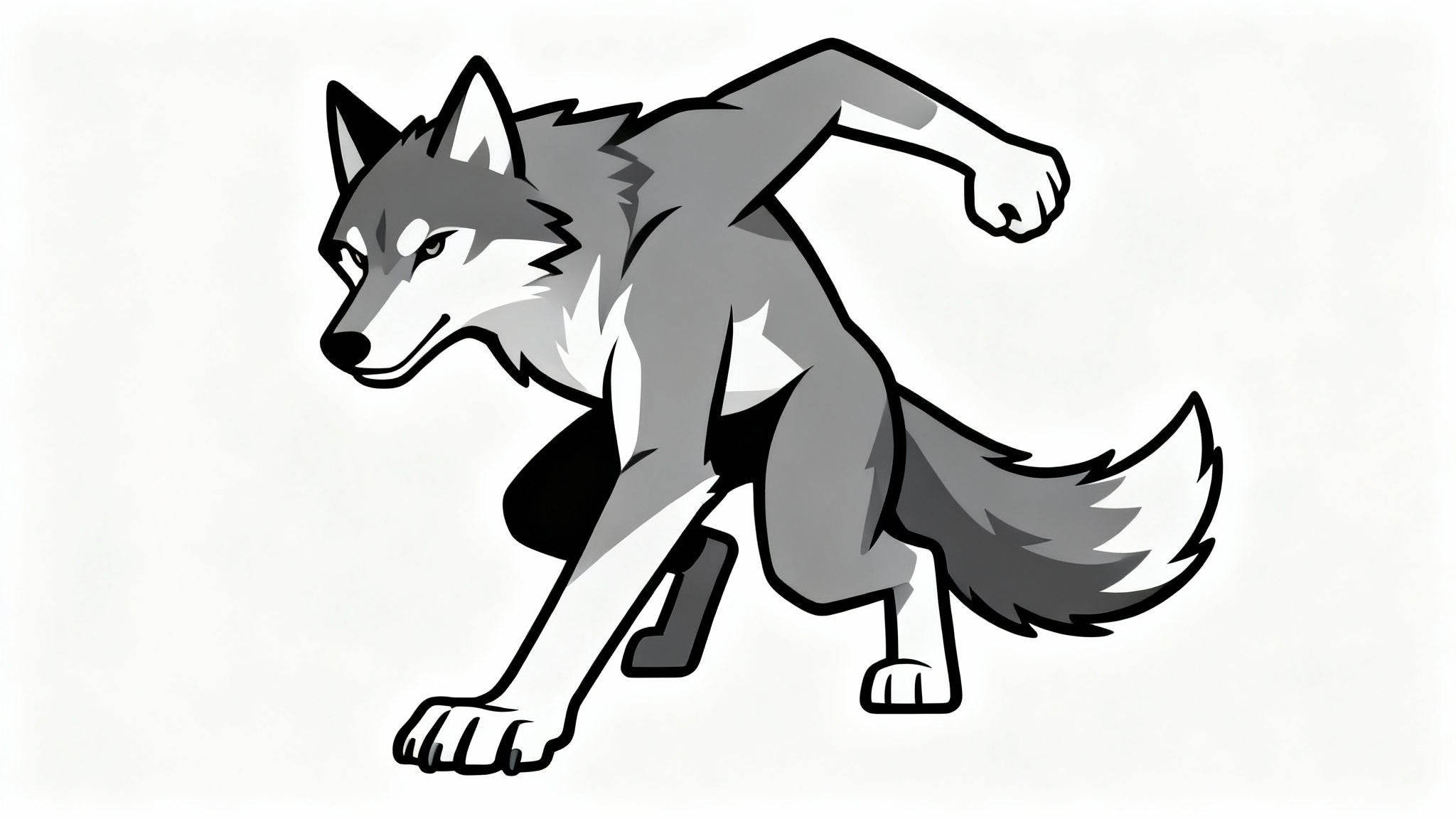 A digital illustration of an anthropomorphic grey wolf character in a dynamic crouching pose, designed for use as an artist's pose reference, set against a plain white background.