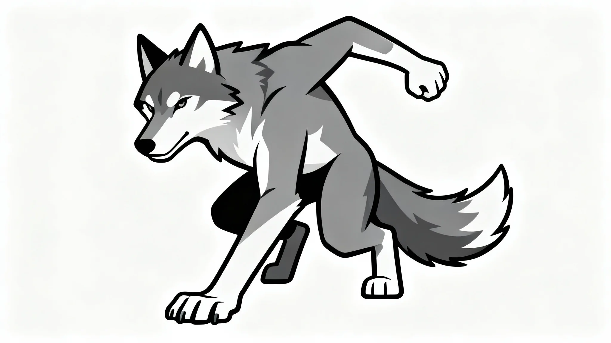 A digital illustration of an anthropomorphic grey wolf character in a dynamic crouching pose, designed for use as an artist's pose reference, set against a plain white background.