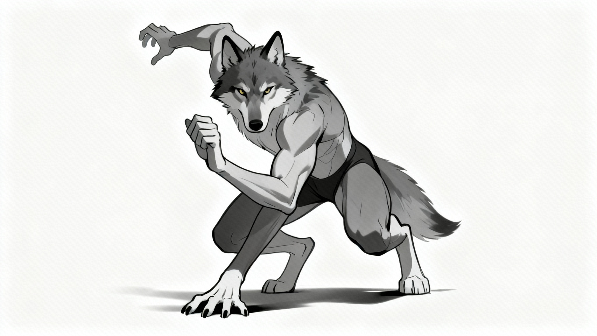 A digital illustration of an anthropomorphic wolf in a dynamic crouching pose, designed as a furry pose reference for artists, set against a plain white background.
