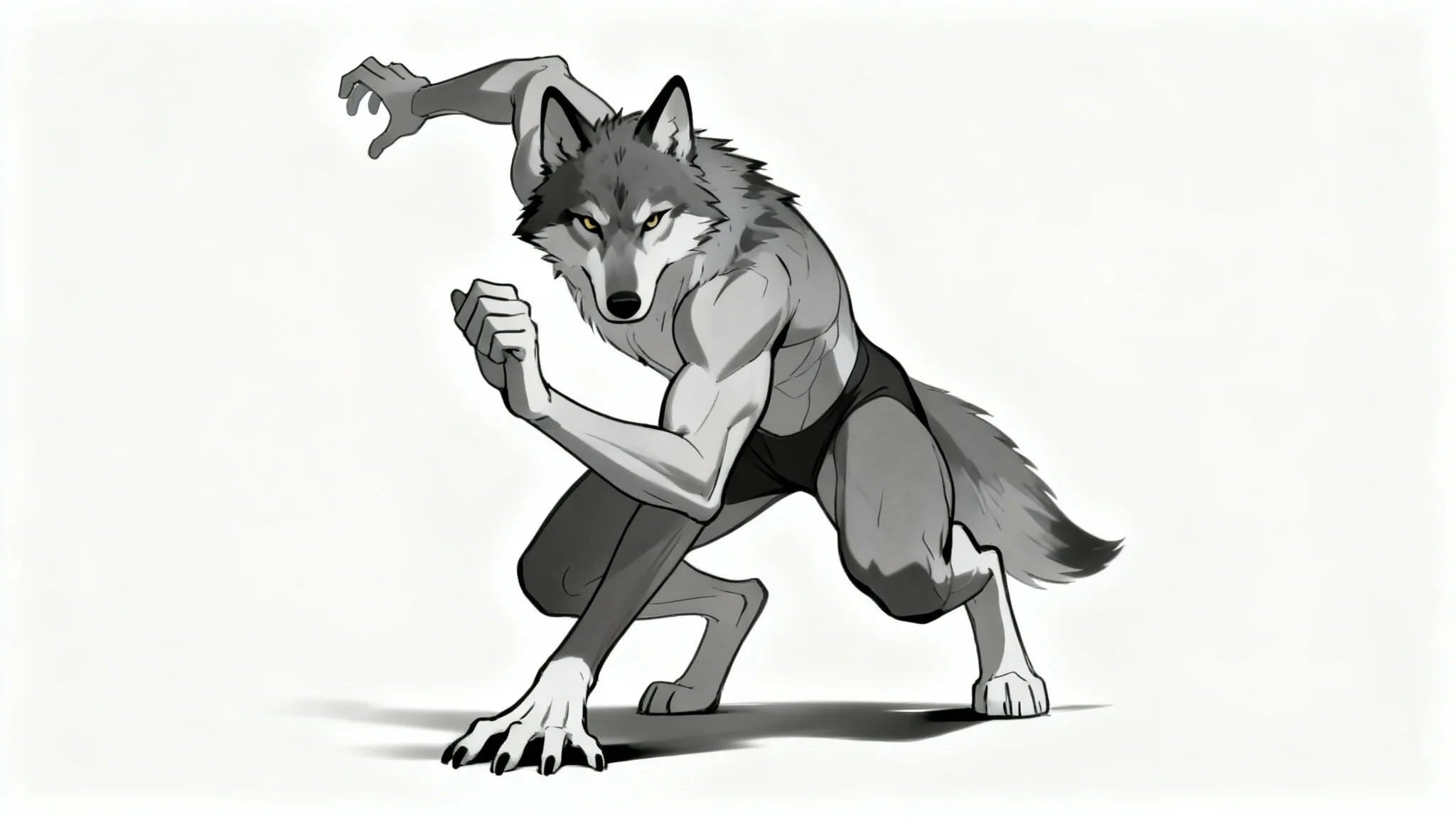 A digital illustration of an anthropomorphic wolf in a dynamic crouching pose, designed as a furry pose reference for artists, set against a plain white background.