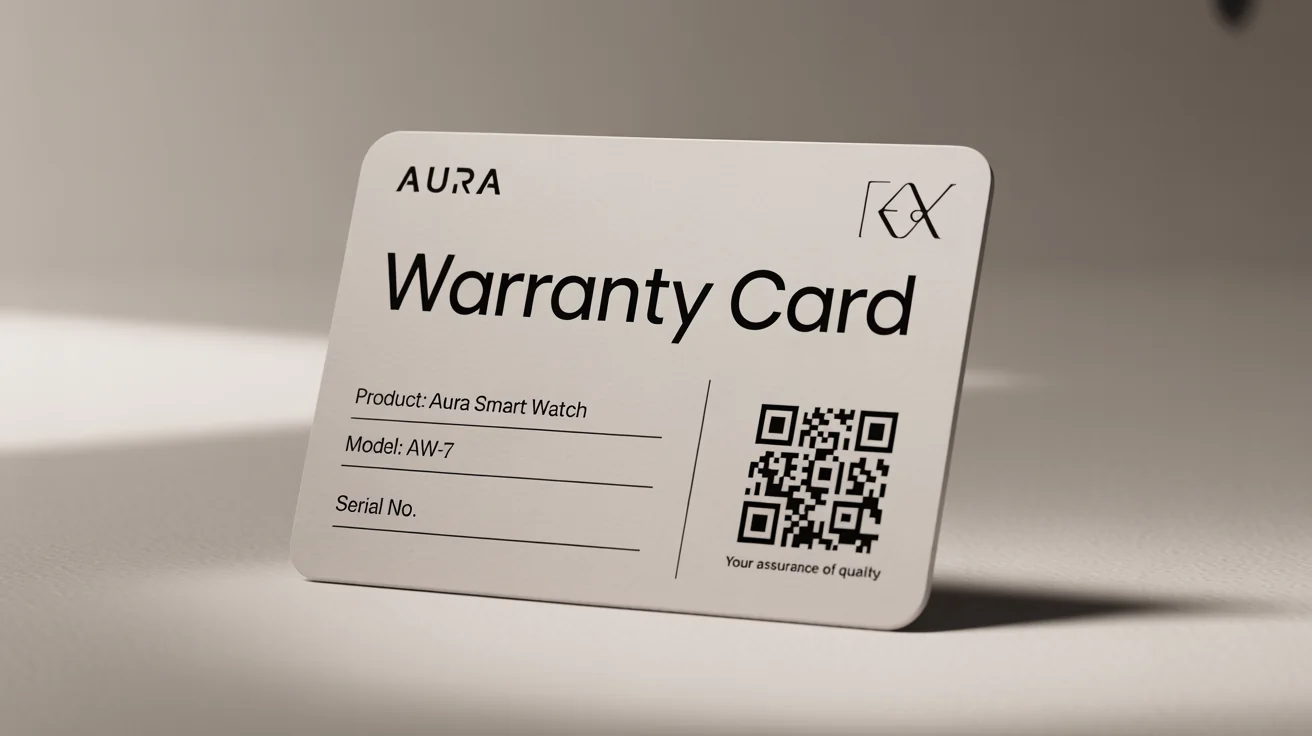A photorealistic hero image of a modern, white warranty card for a smart watch, featuring a QR code and professional typography, resting on a clean surface.