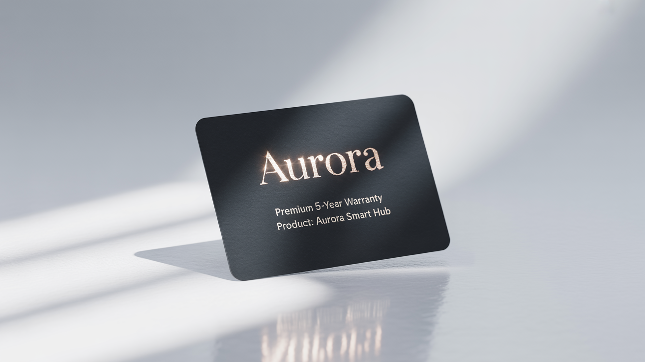 A professional mockup of a premium black and gold warranty card for an 'AURORA' brand product, set against a clean white background.