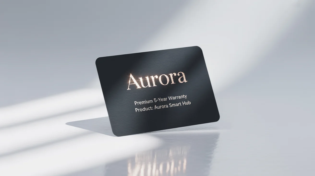 A professional mockup of a premium black and gold warranty card for an 'AURORA' brand product, set against a clean white background.