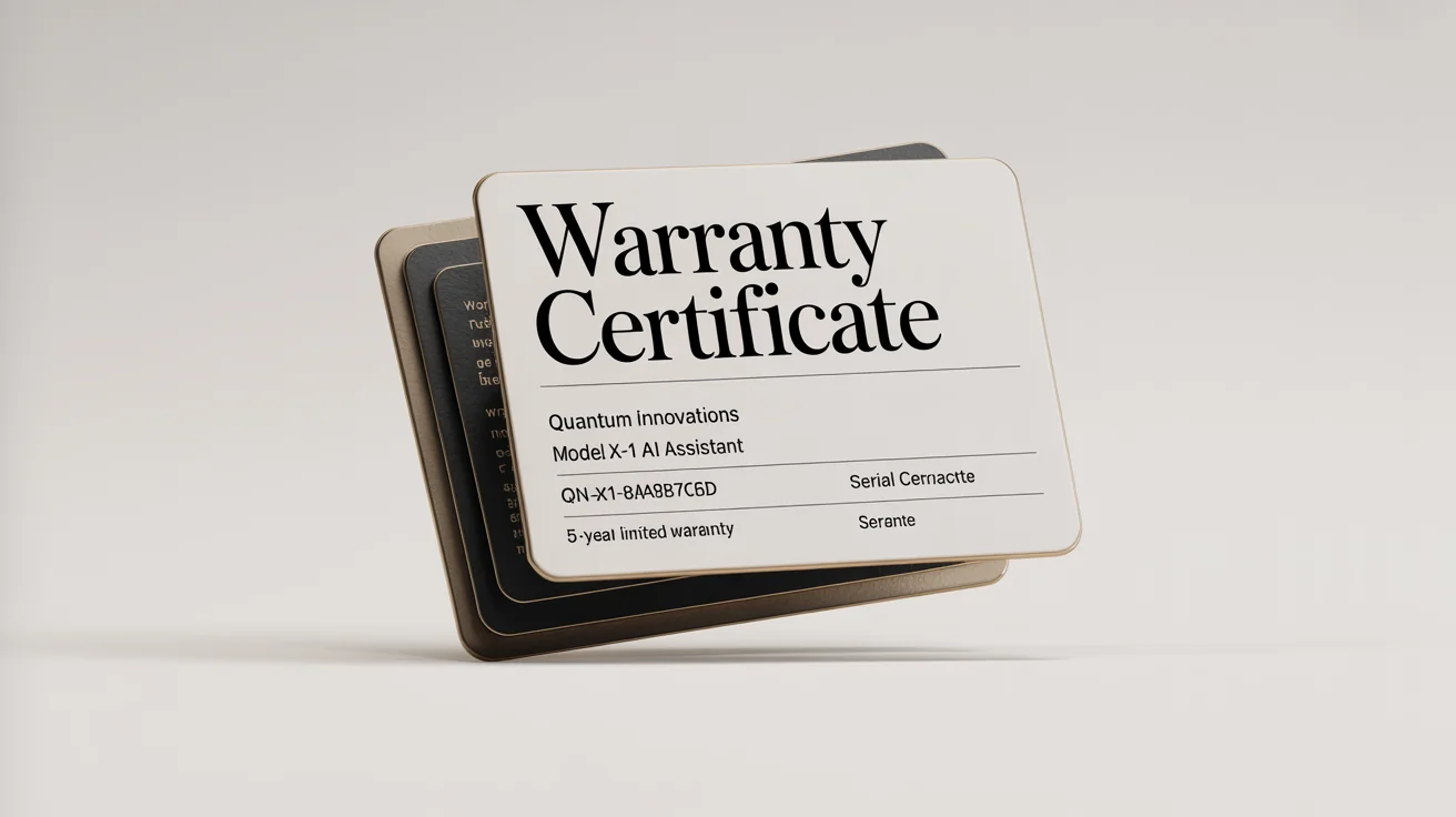 A professional and modern warranty card for a fictional tech product, showcasing its premium design and quality on a clean white background.