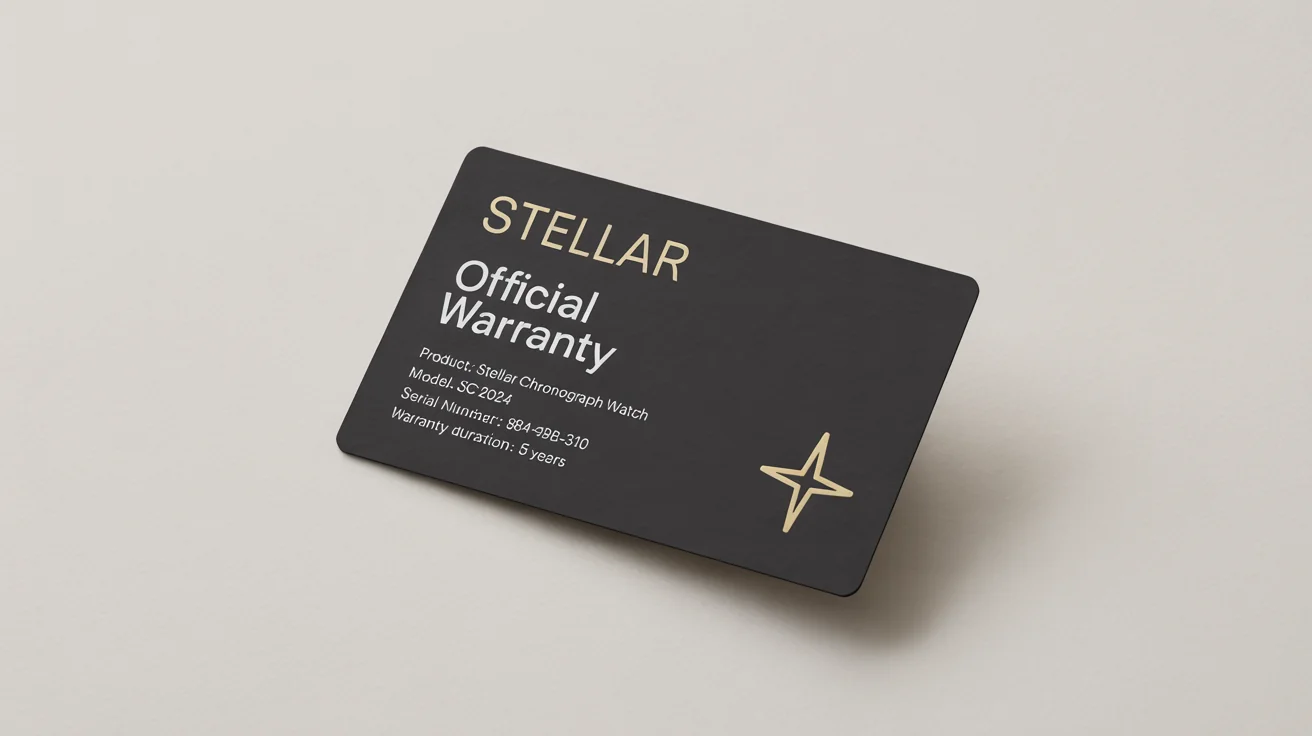 A sleek, modern warranty card for a 'Stellar' chronograph watch, designed with black paper and elegant gold foil text, displayed on a white background.