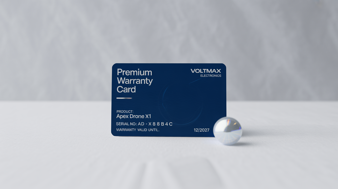 A professionally designed warranty card for an electronics product, featuring a dark blue and silver color scheme and clear text for the product name and warranty period, set against a clean white background.
