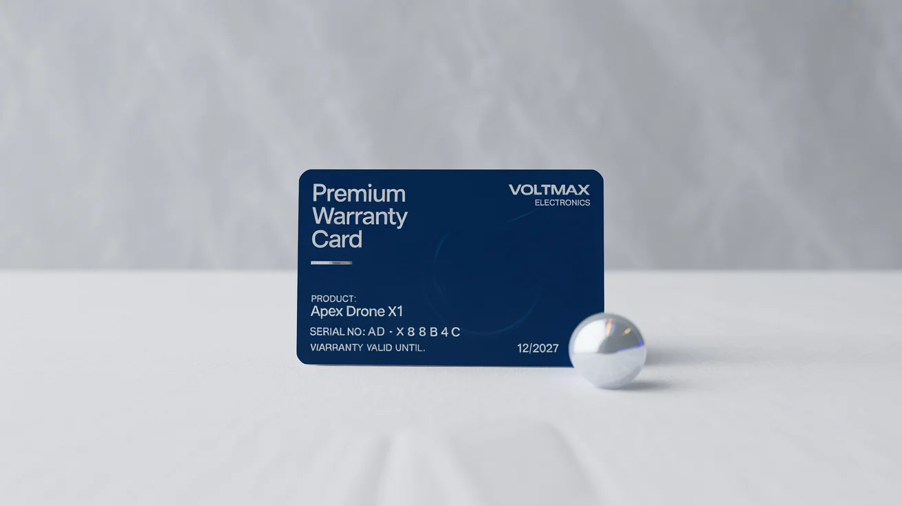 A professionally designed warranty card for an electronics product, featuring a dark blue and silver color scheme and clear text for the product name and warranty period, set against a clean white background.