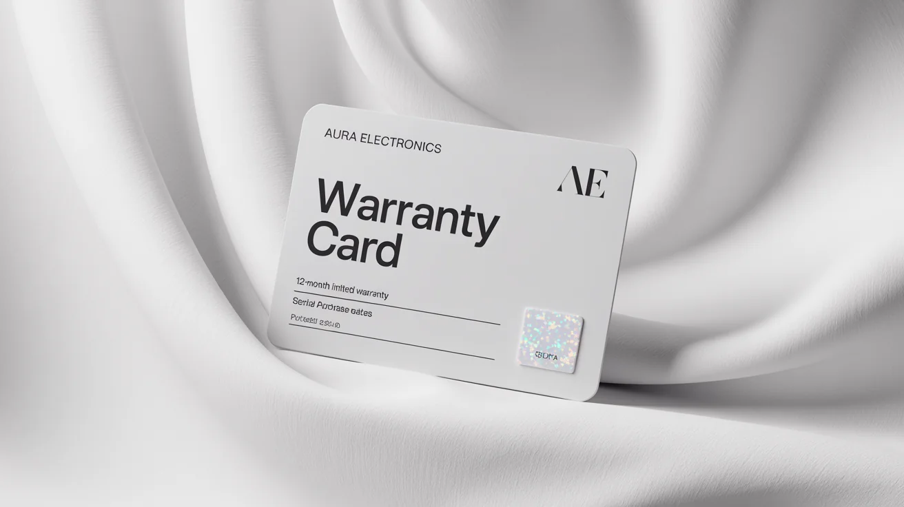 A modern and professional warranty card for a fictional electronics company, shown at an angle on a clean white background.