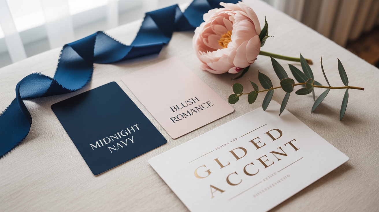 A professionally designed wedding color palette displayed in a flat lay, featuring swatches of navy blue, blush pink, and gold, alongside a matching peony, silk ribbon, and elegant wedding invitation.