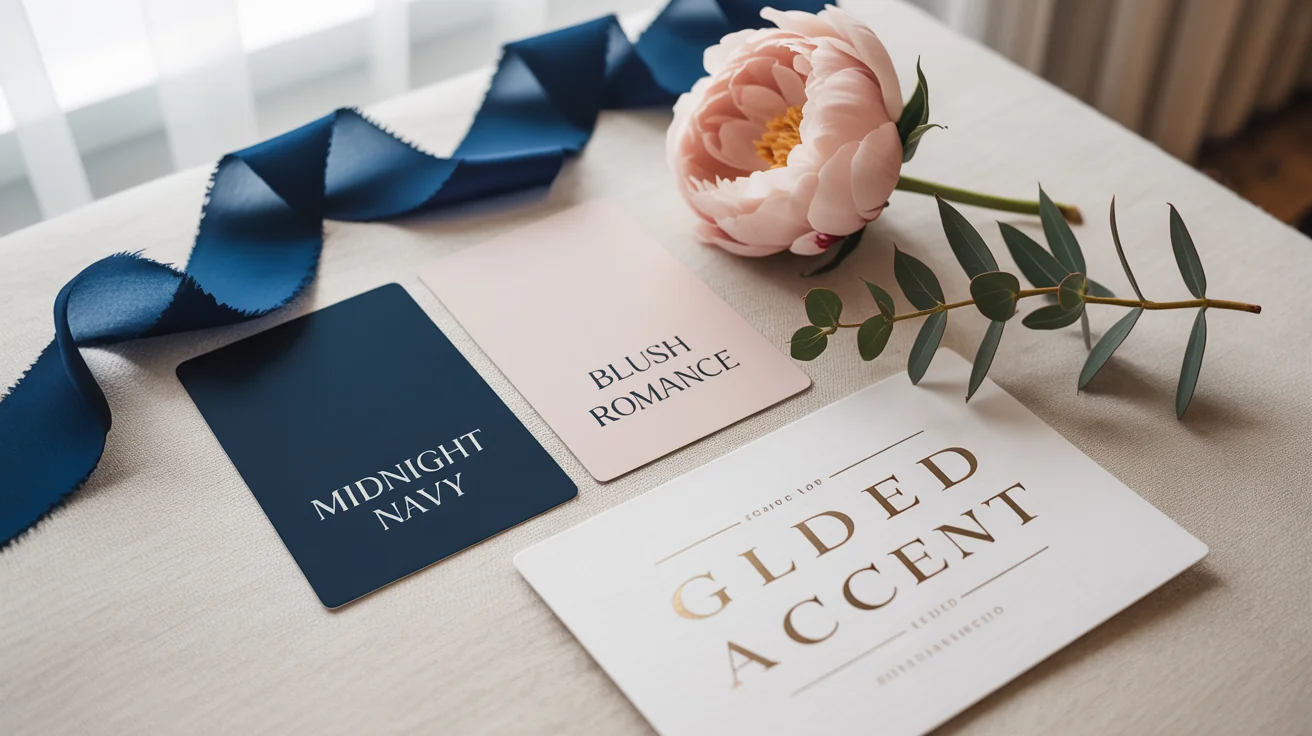 A professionally designed wedding color palette displayed in a flat lay, featuring swatches of navy blue, blush pink, and gold, alongside a matching peony, silk ribbon, and elegant wedding invitation.
