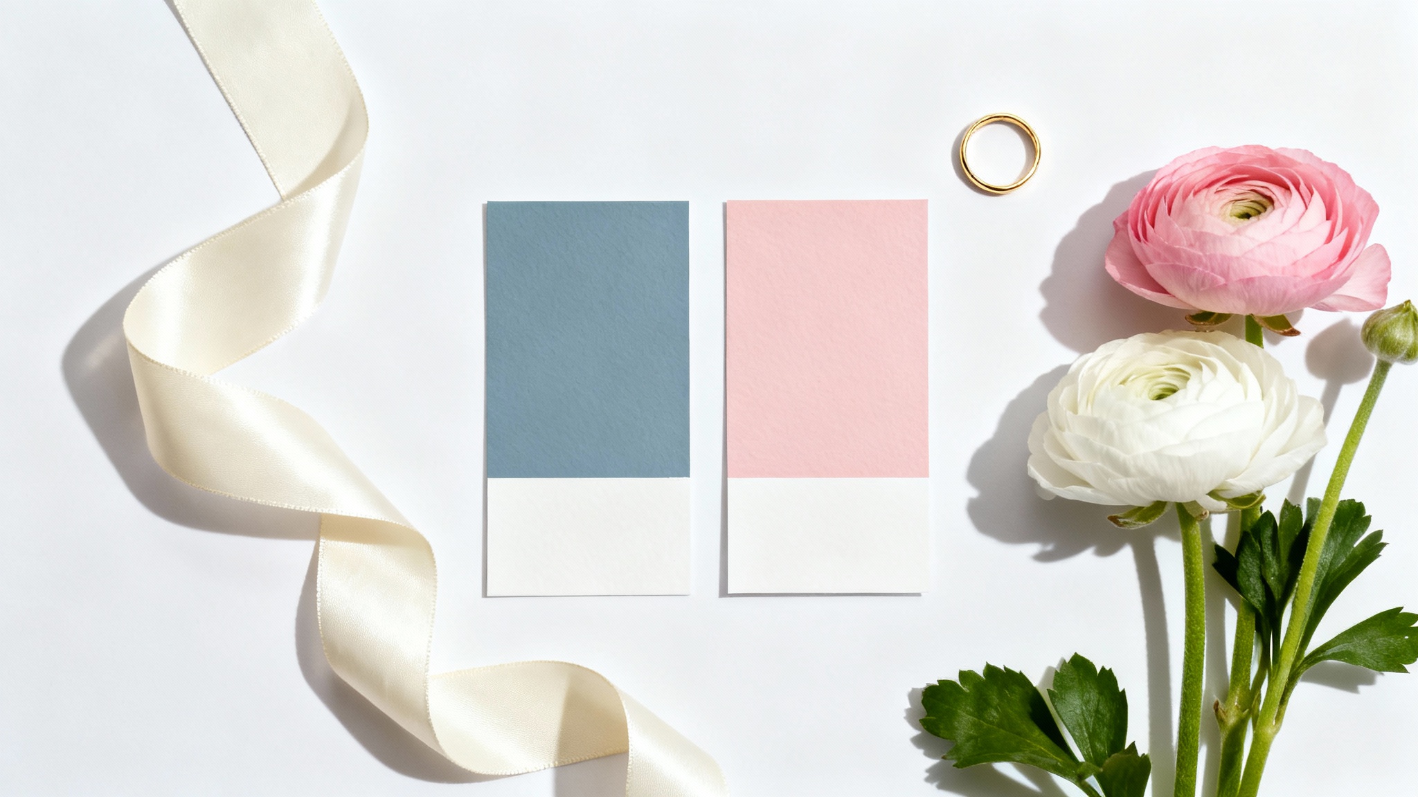 An elegant flat lay of items representing a wedding color palette of dusty blue, blush pink, and gold, arranged neatly on a white background.