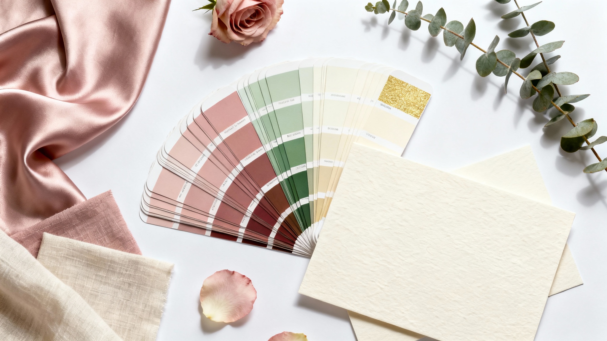 A flat lay of a wedding color palette on a white background, featuring swatches of dusty rose, sage green, and cream fabric, alongside paint chips and eucalyptus leaves, creating an elegant mood board.