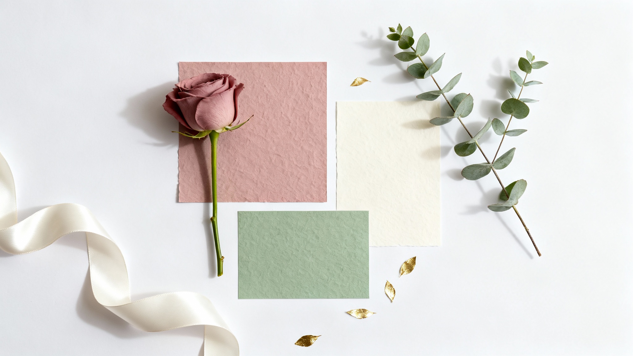 An elegant flat lay showcasing a wedding color palette of dusty rose, sage green, cream, and gold, with corresponding items like a rose, eucalyptus, and a silk ribbon arranged on a white background.