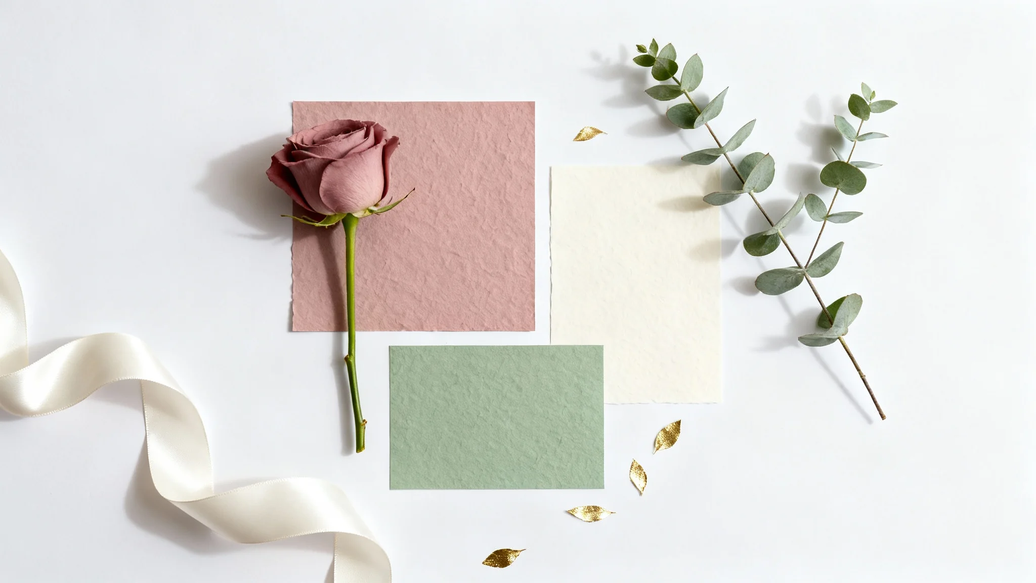 An elegant flat lay showcasing a wedding color palette of dusty rose, sage green, cream, and gold, with corresponding items like a rose, eucalyptus, and a silk ribbon arranged on a white background.