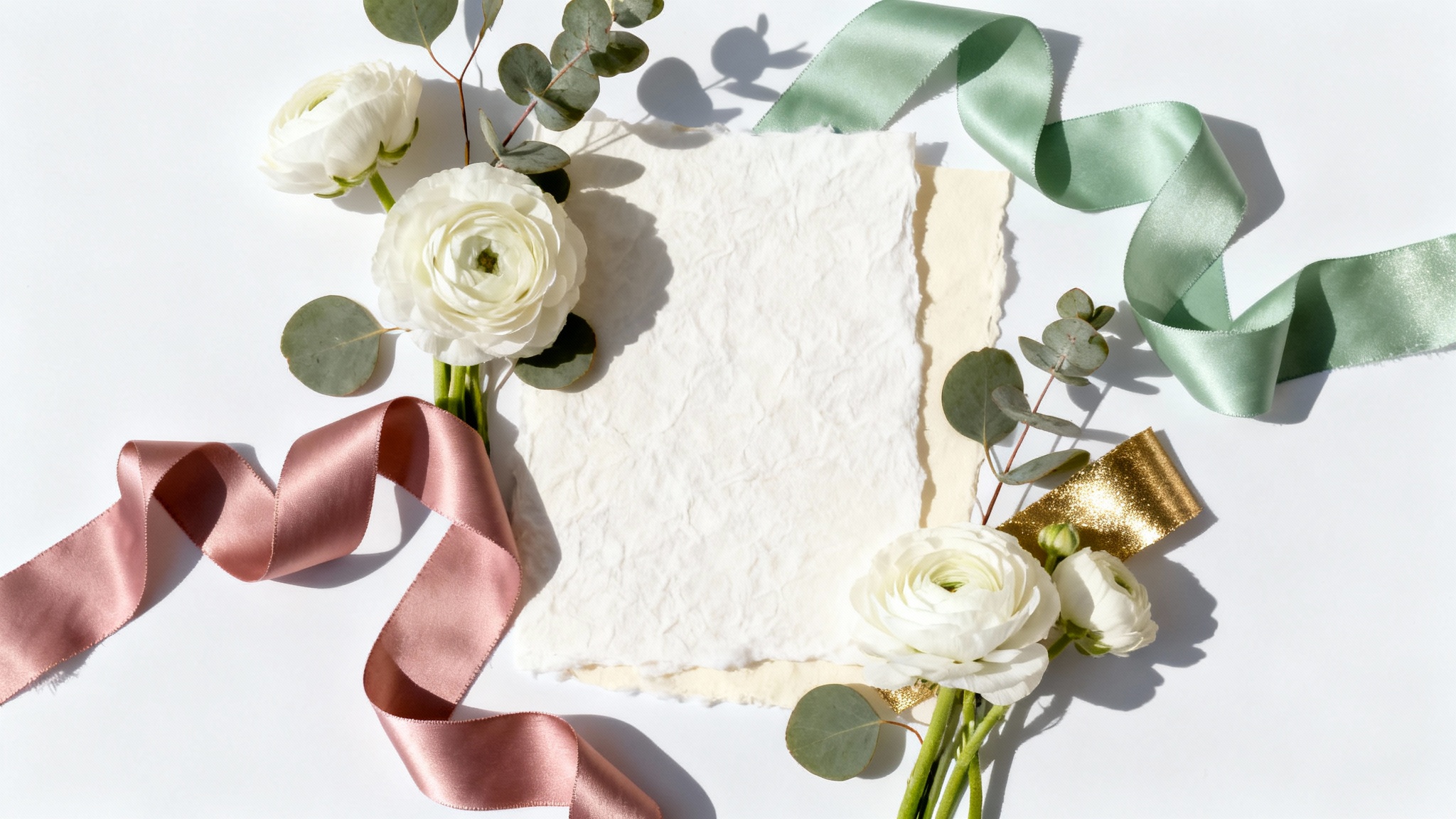 An elegant flat lay of a wedding color palette featuring dusty rose, sage green, and cream swatches, complemented by ranunculus flowers and silk ribbons on a white background.