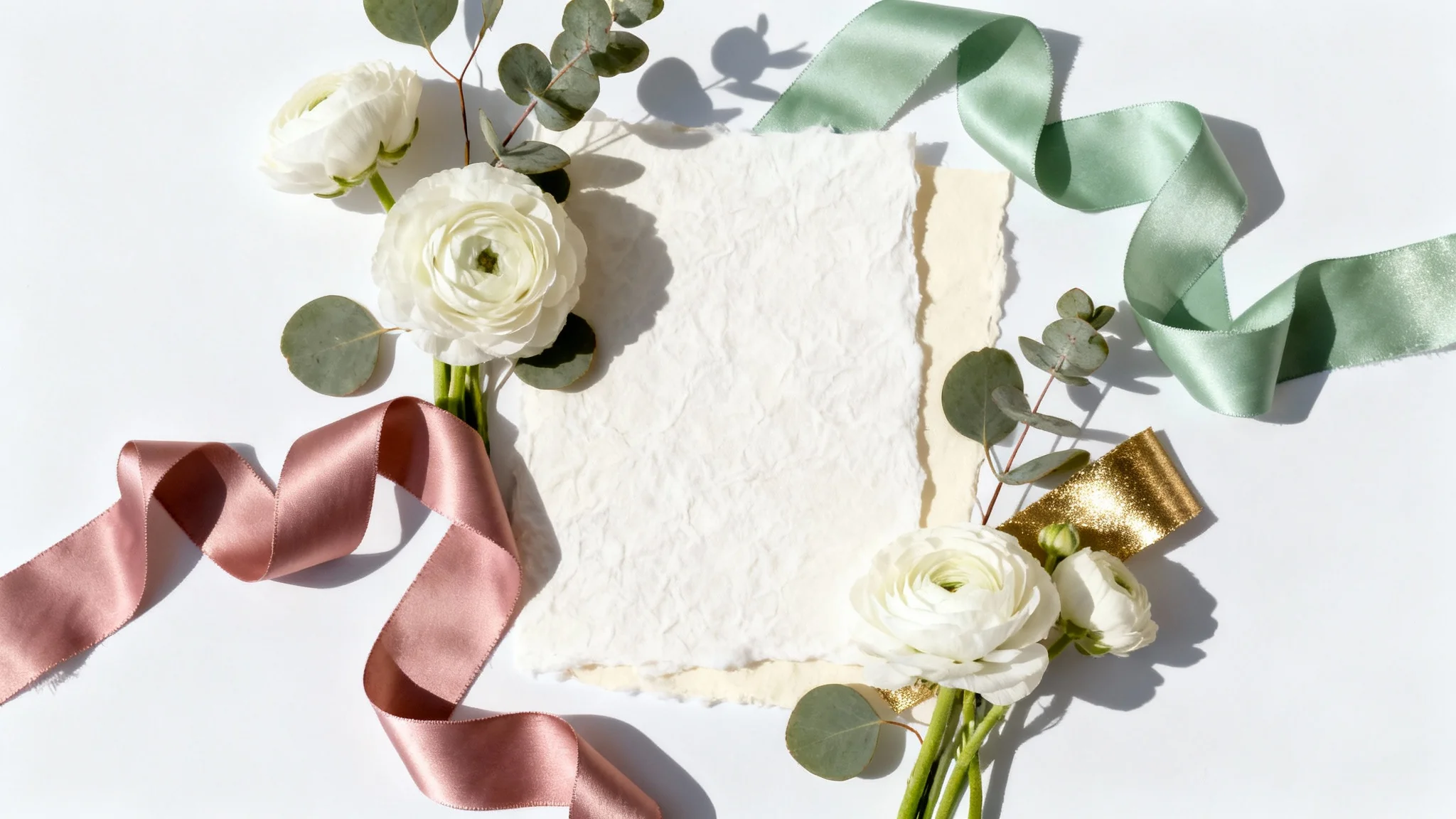 An elegant flat lay of a wedding color palette featuring dusty rose, sage green, and cream swatches, complemented by ranunculus flowers and silk ribbons on a white background.