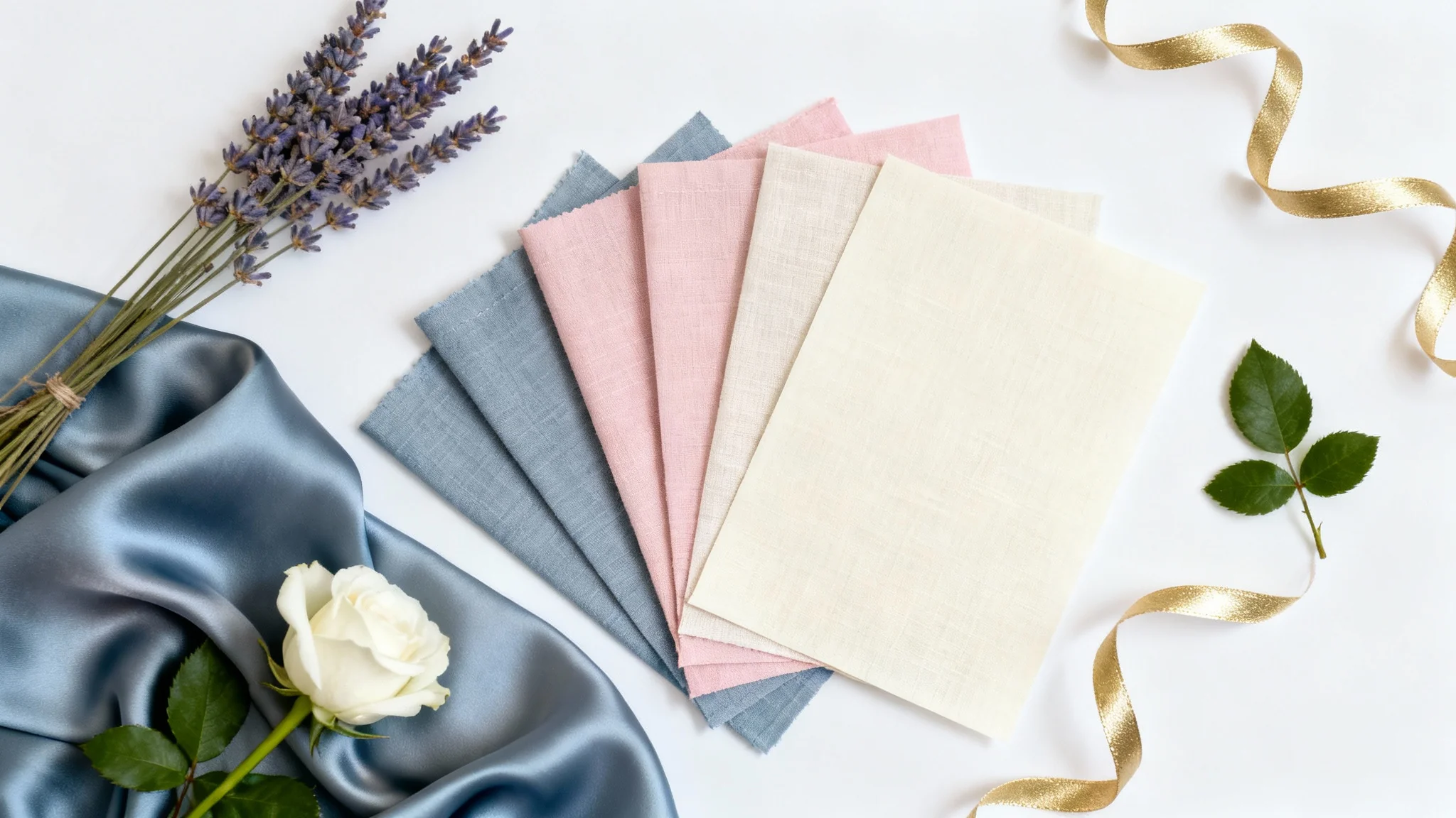 An elegant flat lay of a wedding color palette on a white background, featuring fabric swatches in dusty blue and blush pink, a white rose, and sprigs of lavender.