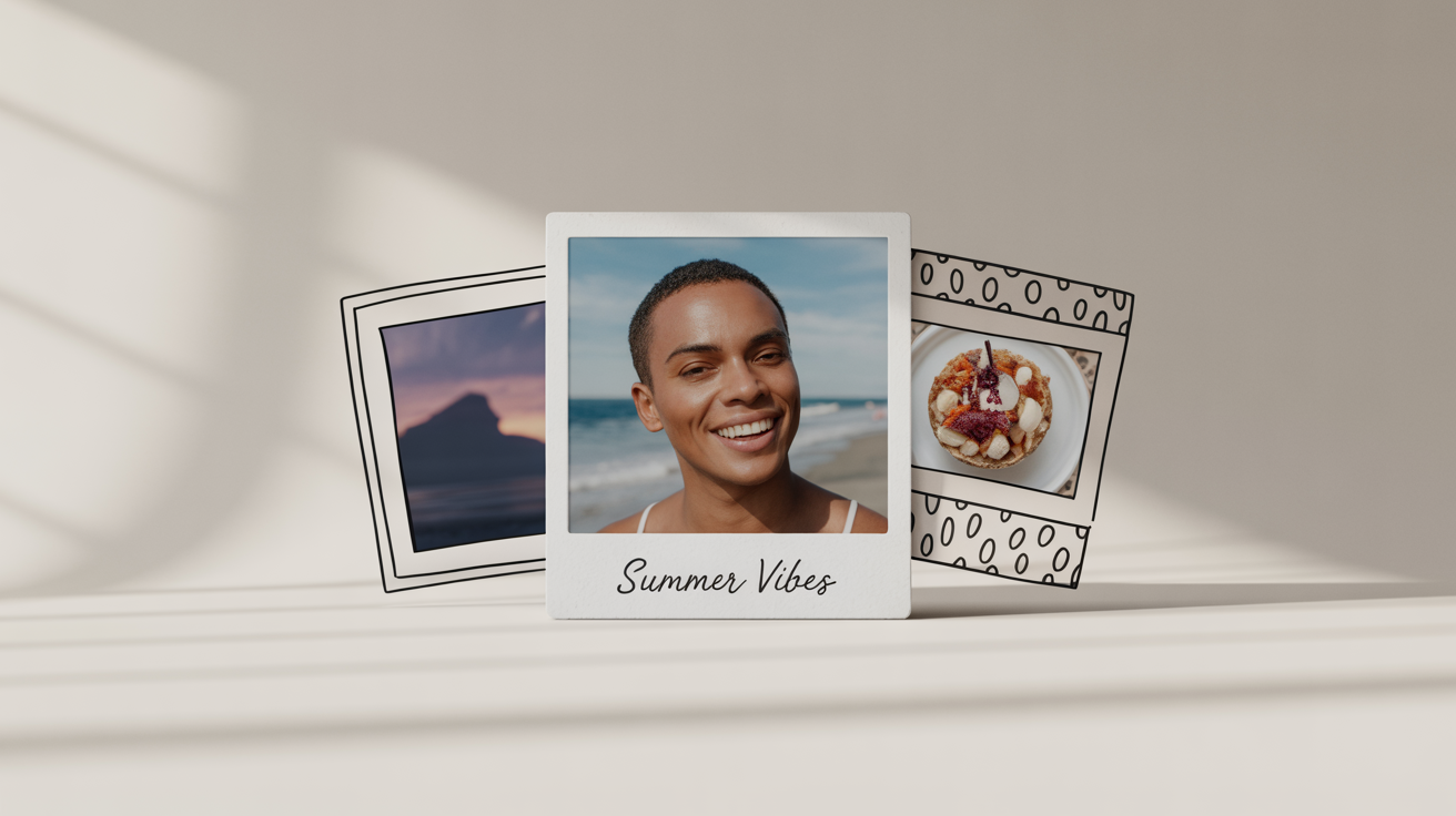 An eye-catching hero image demonstrating various photo border options. A central photo of a person on a beach has a Polaroid-style border, flanked by a mountain photo with a thin black border and a dessert photo with a polka dot border.