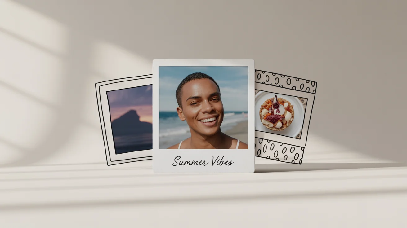 An eye-catching hero image demonstrating various photo border options. A central photo of a person on a beach has a Polaroid-style border, flanked by a mountain photo with a thin black border and a dessert photo with a polka dot border.