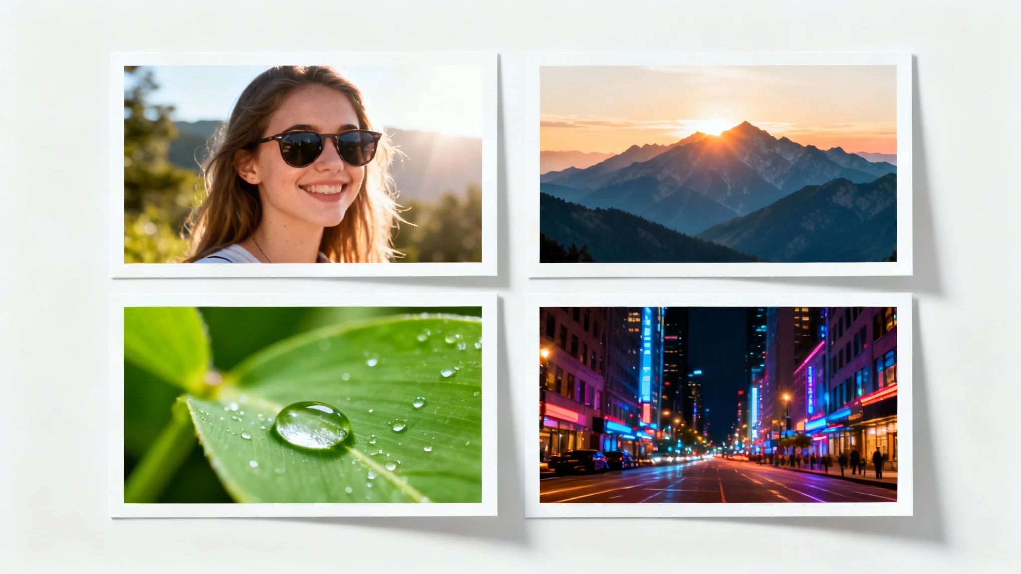 A grid of four polaroid photos with white borders on a white background, showcasing different subjects: a portrait, a landscape, a macro shot, and a city scene, demonstrating the photo border effect.