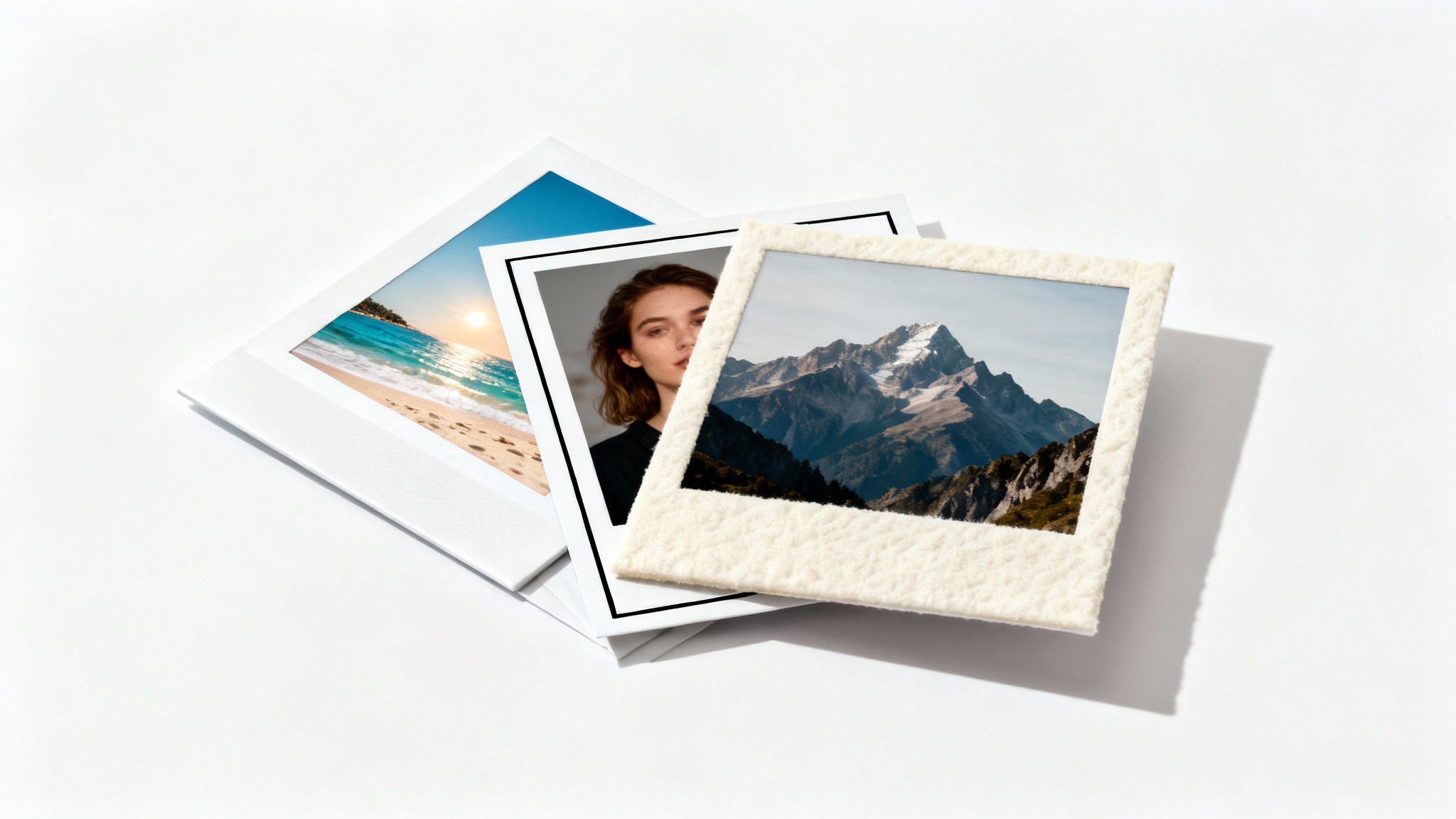 A stack of three photographs, each with a different decorative border, displayed on a clean white background, demonstrating a photo border feature.