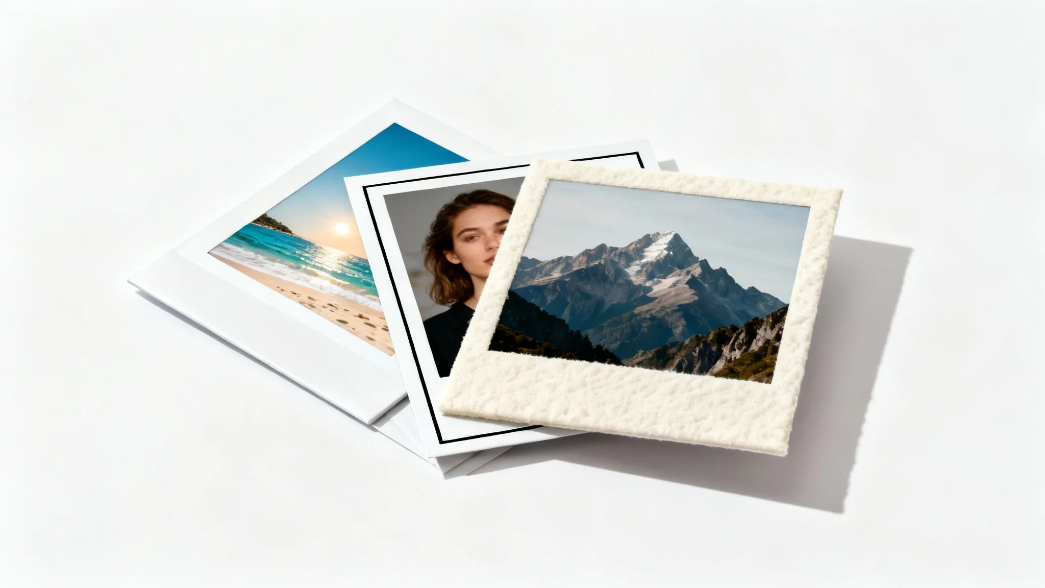 A stack of three photographs, each with a different decorative border, displayed on a clean white background, demonstrating a photo border feature.