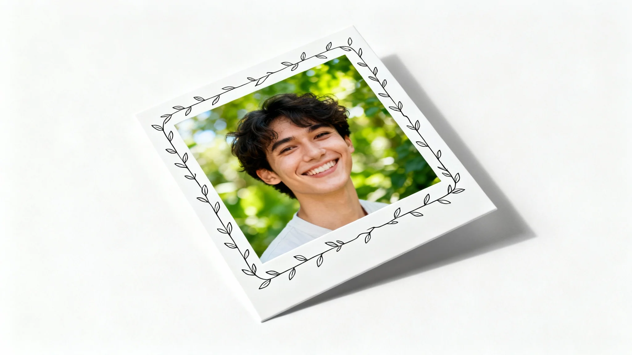 A photorealistic mockup of a square instant film photo with a decorative black leaf border, featuring a portrait of a smiling person, set against a clean white background.