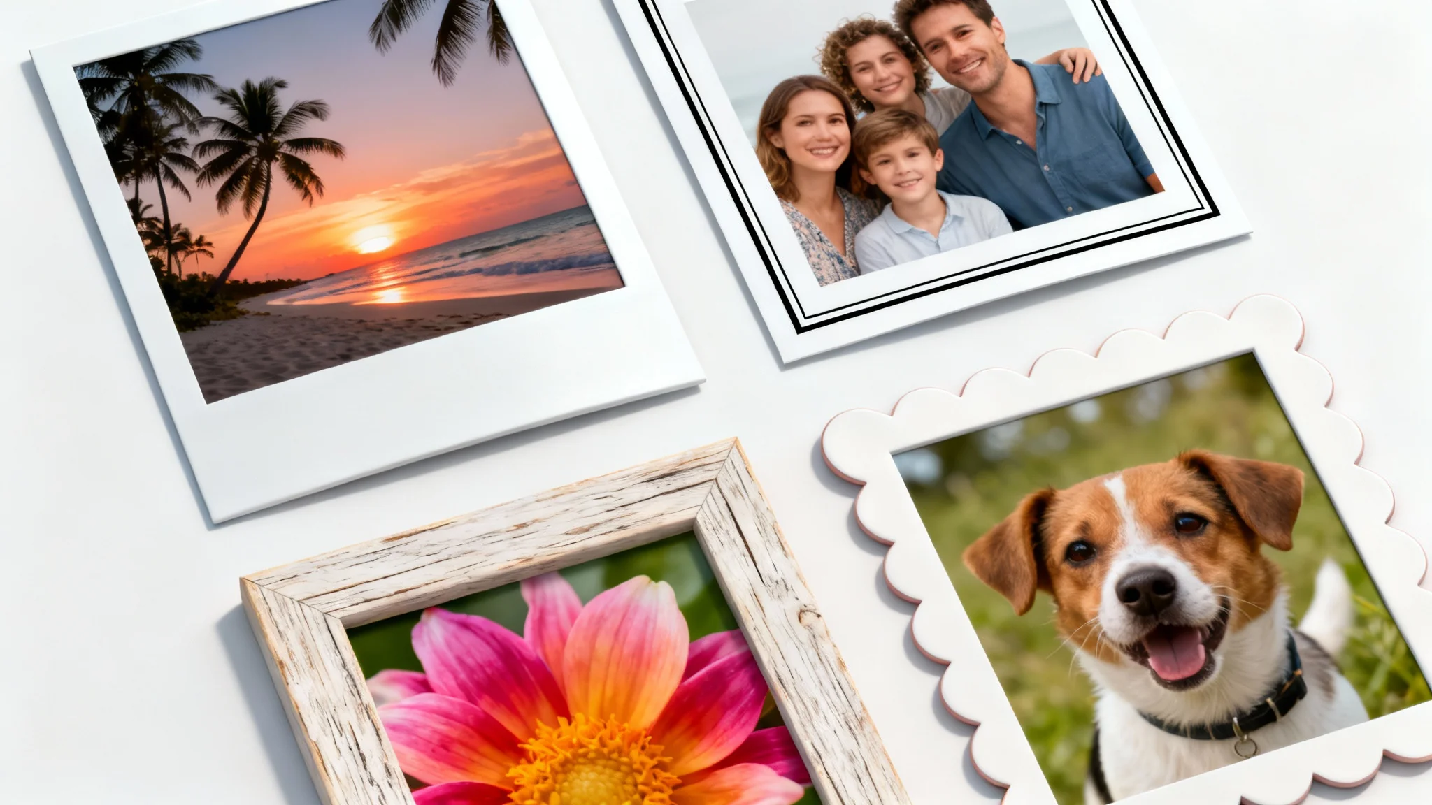 A collection of four photographs on a white background, each showcasing a different decorative border style: a Polaroid frame, a thin black line, a light-wood frame, and a scalloped edge.