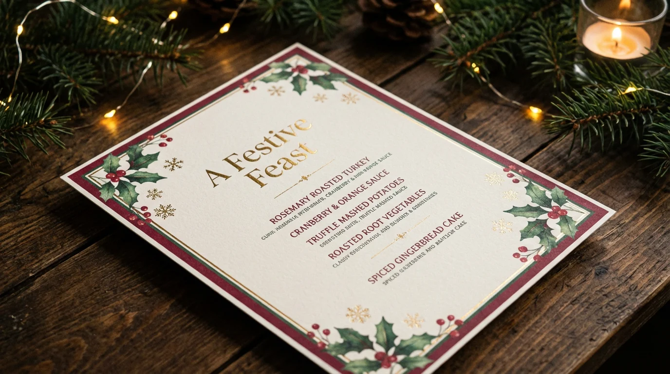 A professionally designed Christmas dinner menu lying on a dark wooden table, surrounded by festive decorations like pine branches and glowing lights. The menu has elegant gold text and illustrations of holly.