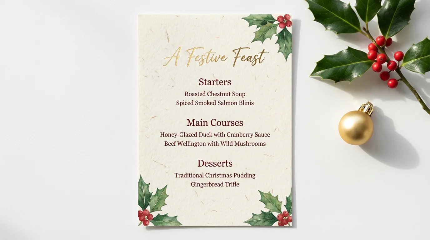 An elegant Christmas menu mockup titled 'A Festive Feast', displayed on a white background and decorated with a sprig of holly and a gold ornament.