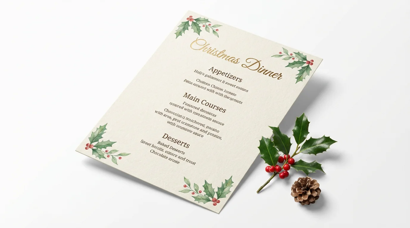 An elegant Christmas menu mockup with the title 'Christmas Dinner' displayed on a white surface, accompanied by a sprig of holly and a pinecone.
