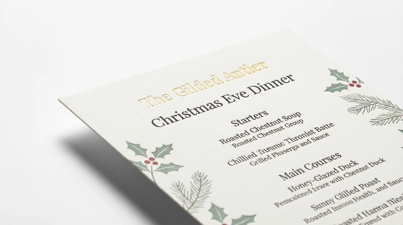 An elegant Christmas menu for 'The Gilded Antler' restaurant, featuring festive holly designs and gold foil text, displayed on a clean white background.