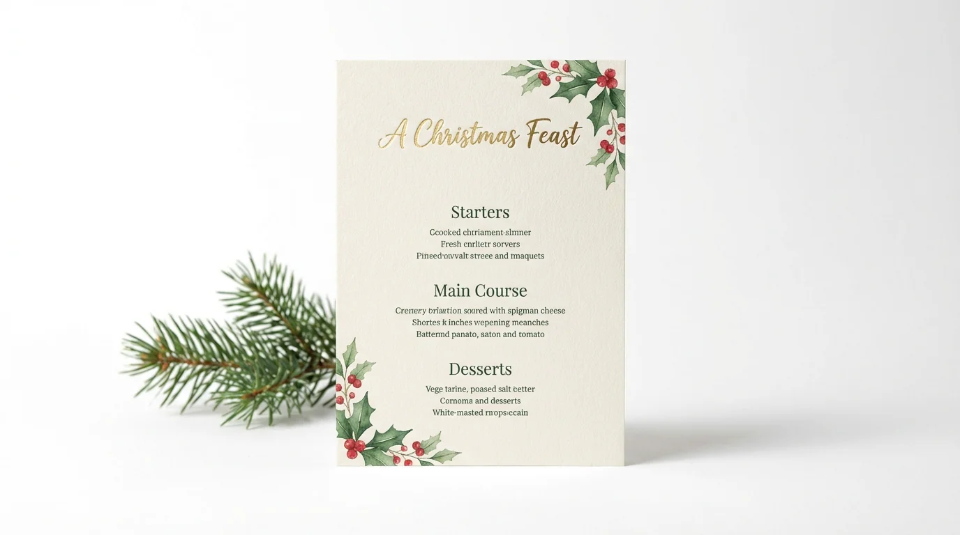 An elegant mockup of a Christmas dinner menu featuring gold foil text and watercolor holly, standing on a clean white background with a pine sprig accent.