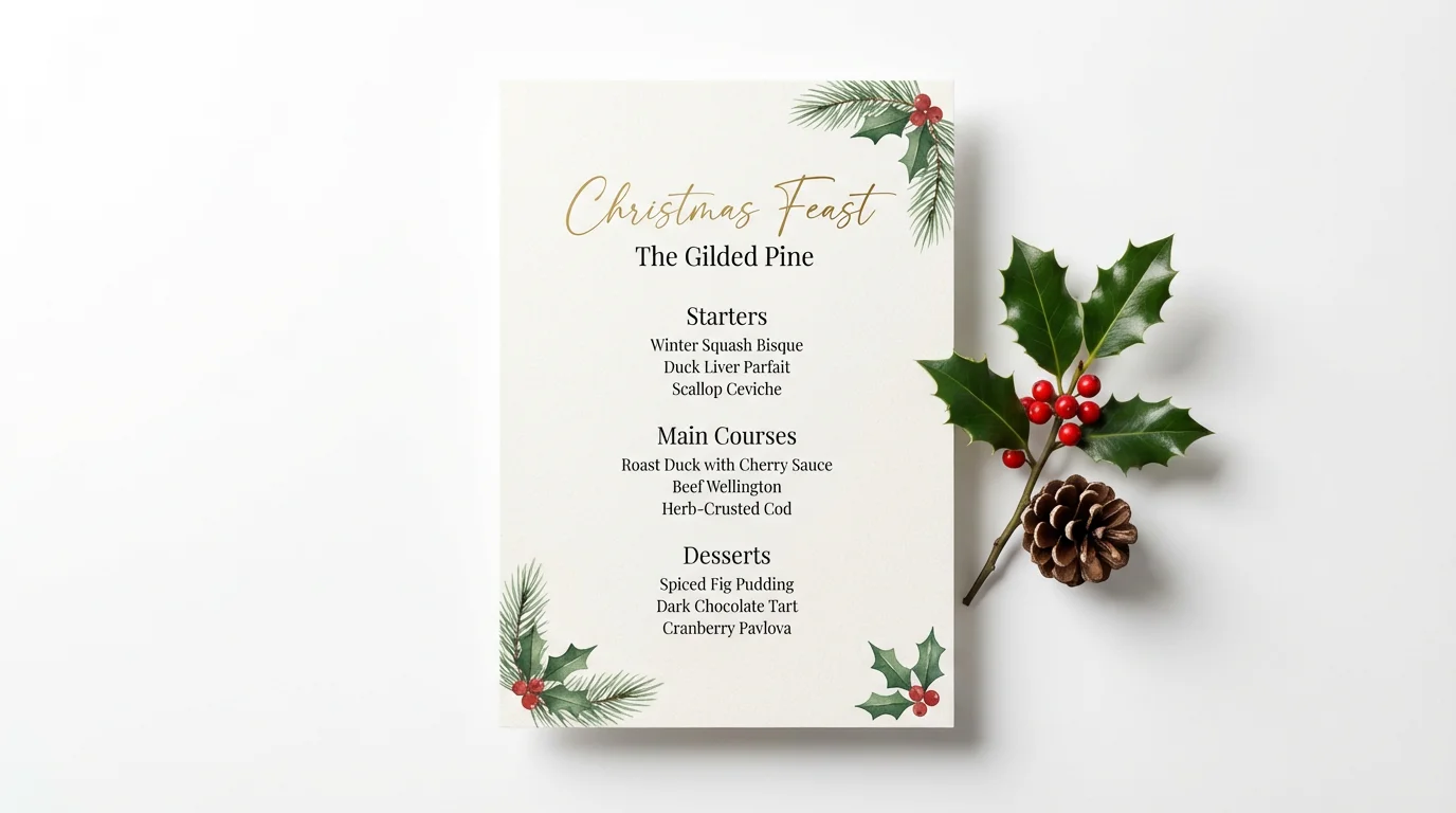 An elegant Christmas menu mockup for 'The Gilded Pine' restaurant, featuring gold script and watercolor holly, laid flat on a white background with a real holly sprig beside it.