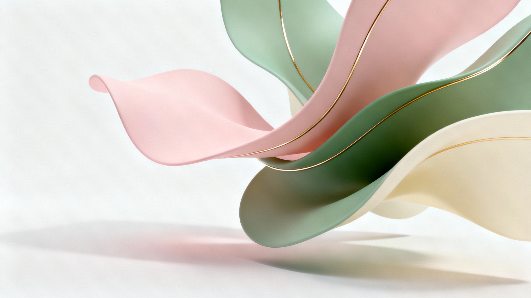 A modern abstract background featuring a serene composition of flowing organic shapes in pastel pink, sage green, and cream with delicate gold accents, on a clean white background.