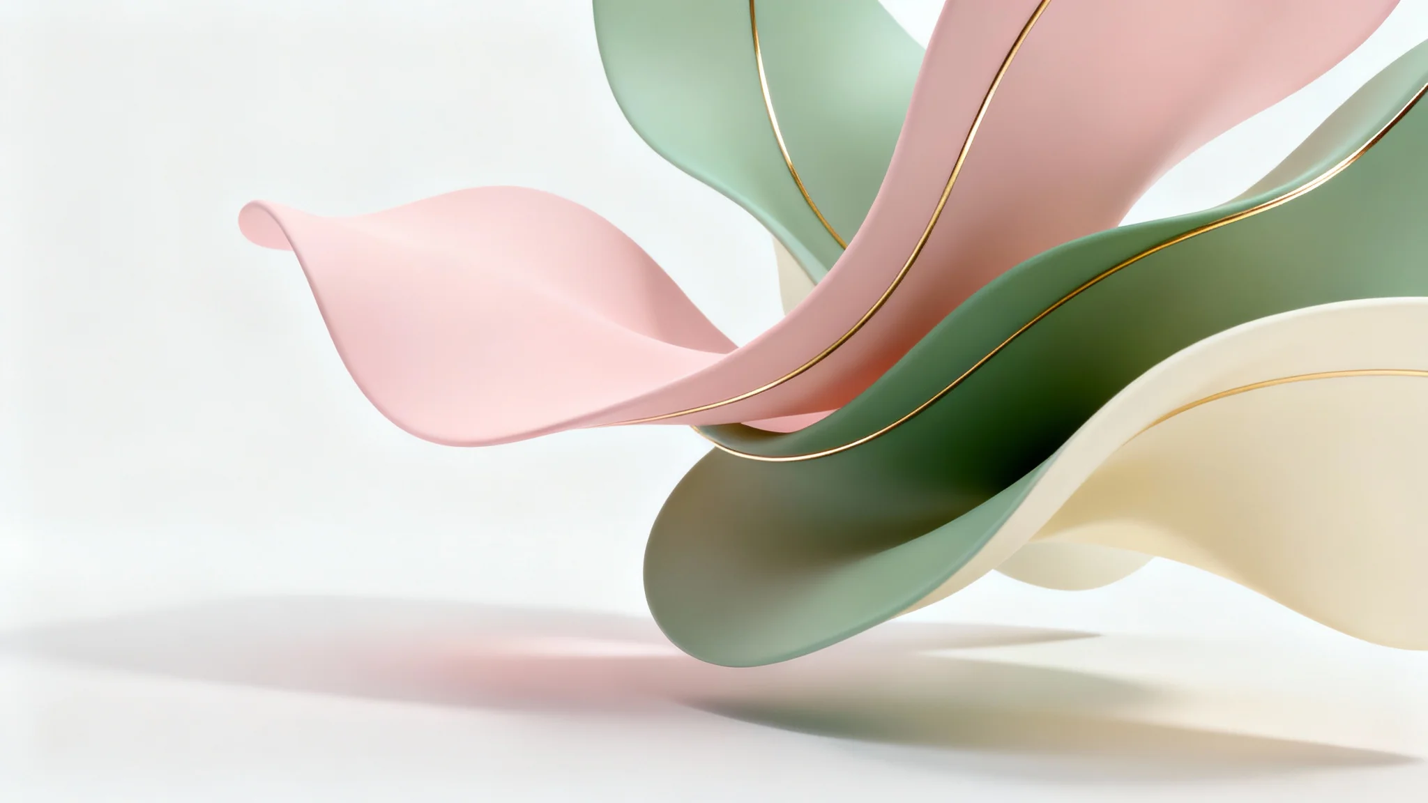 A modern abstract background featuring a serene composition of flowing organic shapes in pastel pink, sage green, and cream with delicate gold accents, on a clean white background.