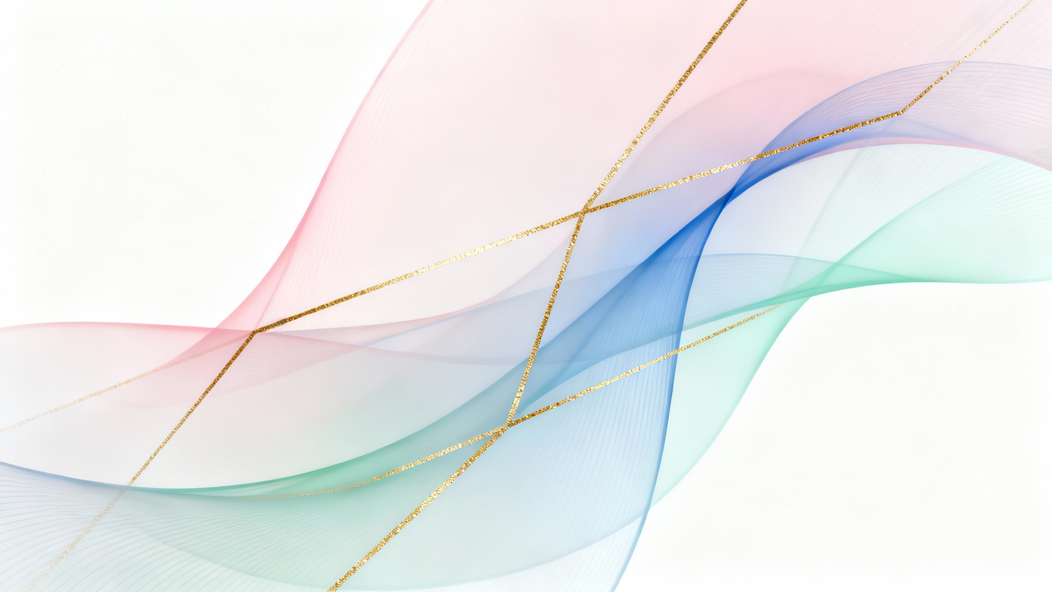 An elegant abstract background with flowing pastel pink and blue shapes intertwined with delicate gold geometric lines, creating a modern and luxurious feel.