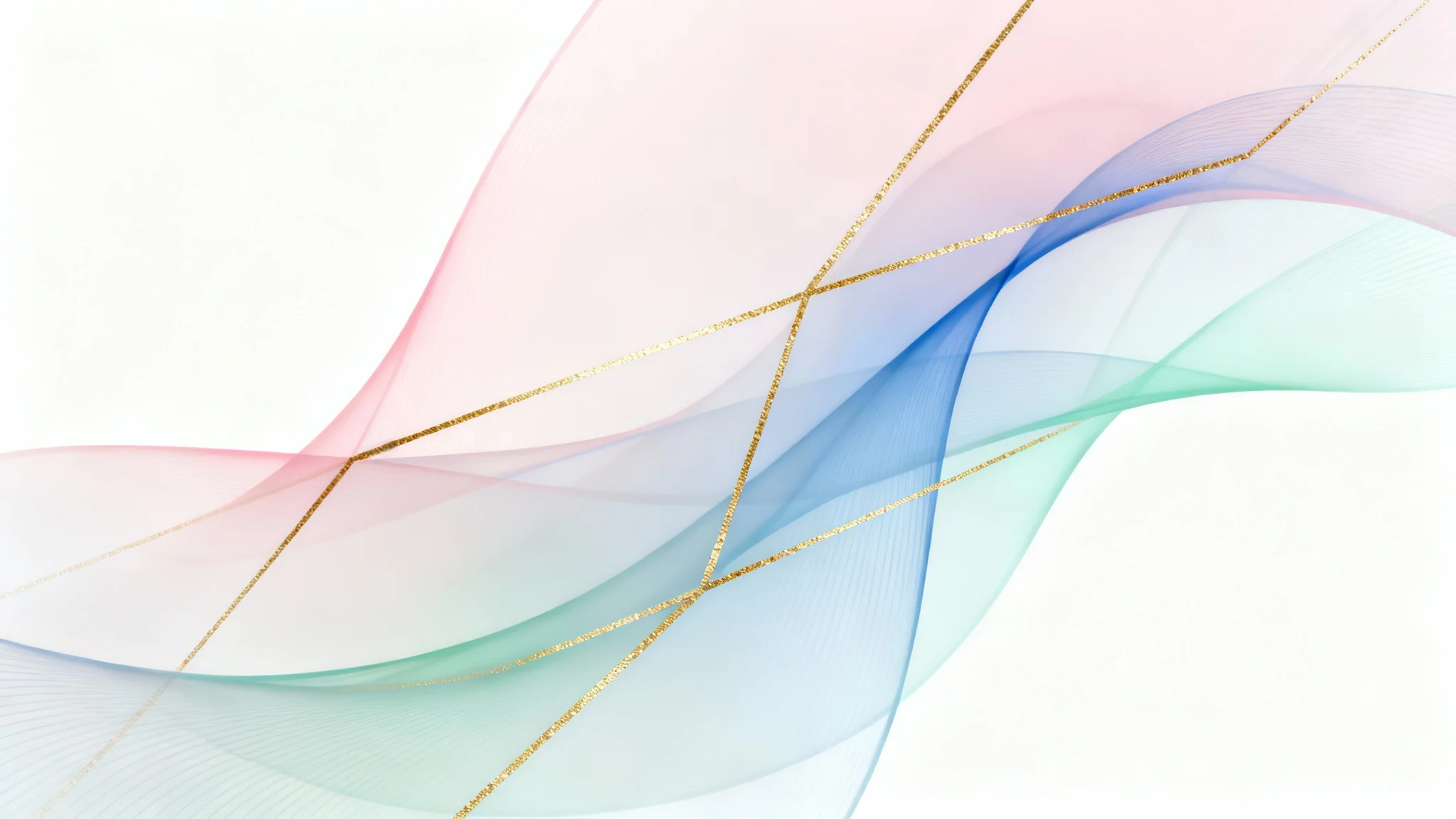 An elegant abstract background with flowing pastel pink and blue shapes intertwined with delicate gold geometric lines, creating a modern and luxurious feel.
