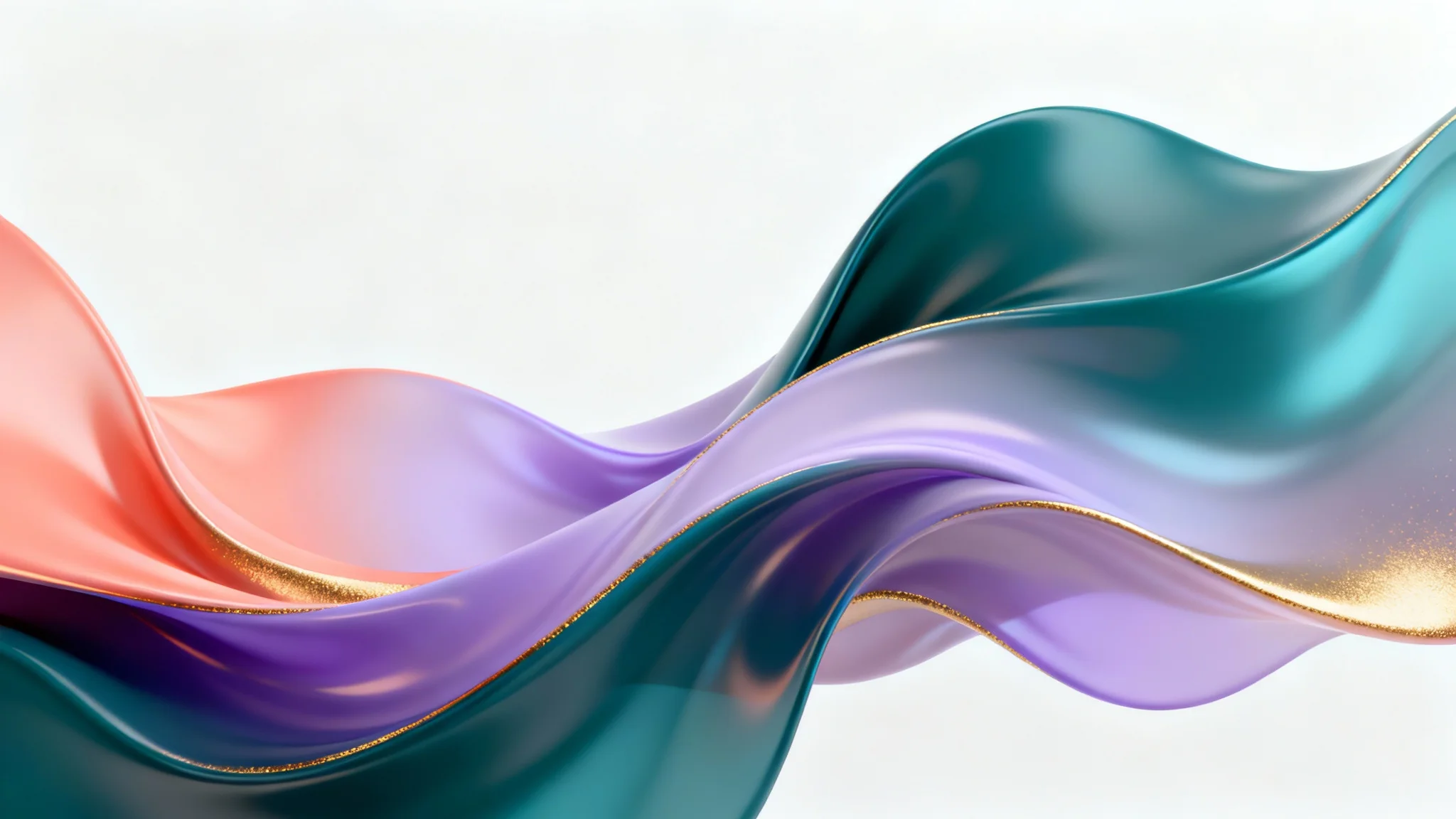A modern abstract background featuring flowing 3D shapes in teal, lavender, and coral with gold accents, set against a clean white background.